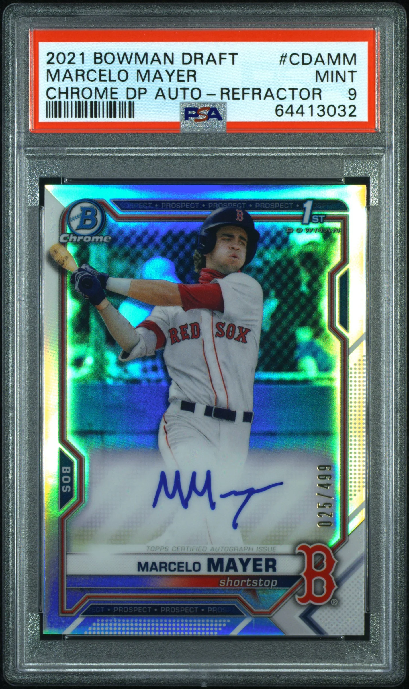 MARCELO MAYER | 2021 BOWMAN DRAFT CHROME DRAFT PICK AUTOGRAPHS CDAMM | CHROME DP AUTO-REFRACTOR | PSA MINT 9
