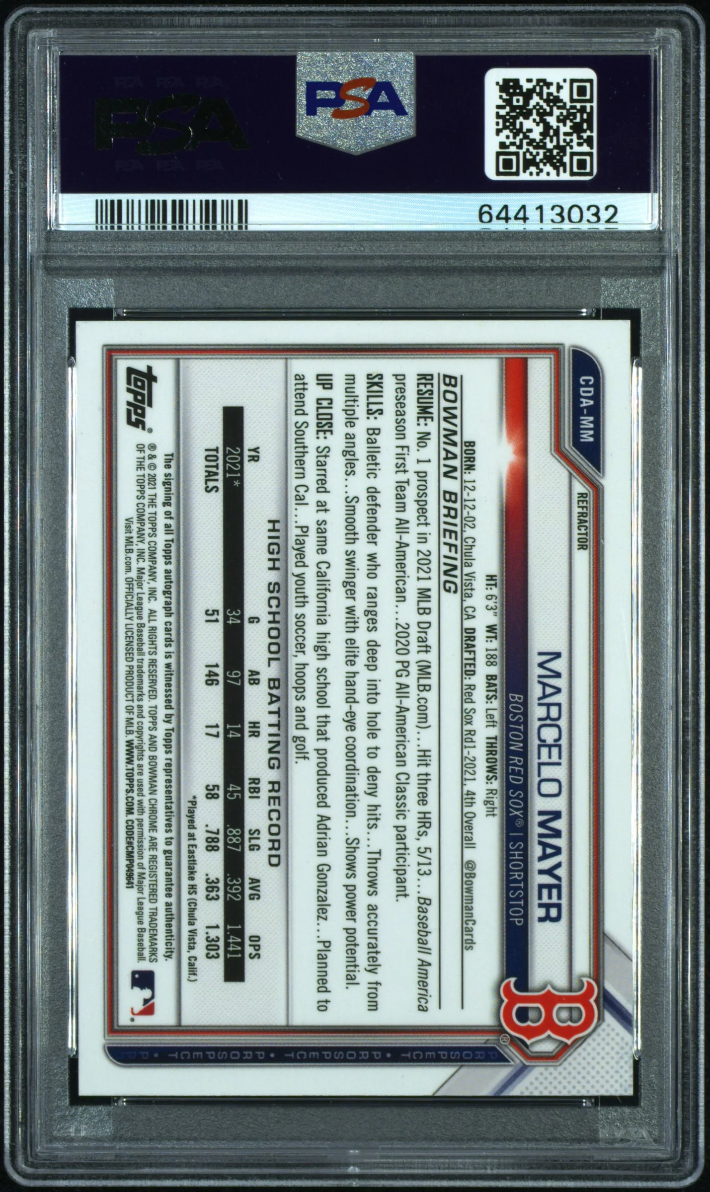 MARCELO MAYER | 2021 BOWMAN DRAFT CHROME DRAFT PICK AUTOGRAPHS CDAMM | CHROME DP AUTO-REFRACTOR | PSA MINT 9 - Image 2