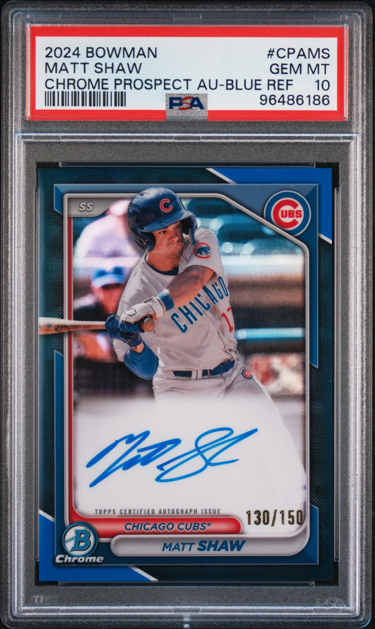 MATT SHAW | 2024 BOWMAN CHROME PROSPECT AUTOGRAPHS CPAMS | CHROME PROSPECT AU-BLUE REF | PSA GEM MT 10
