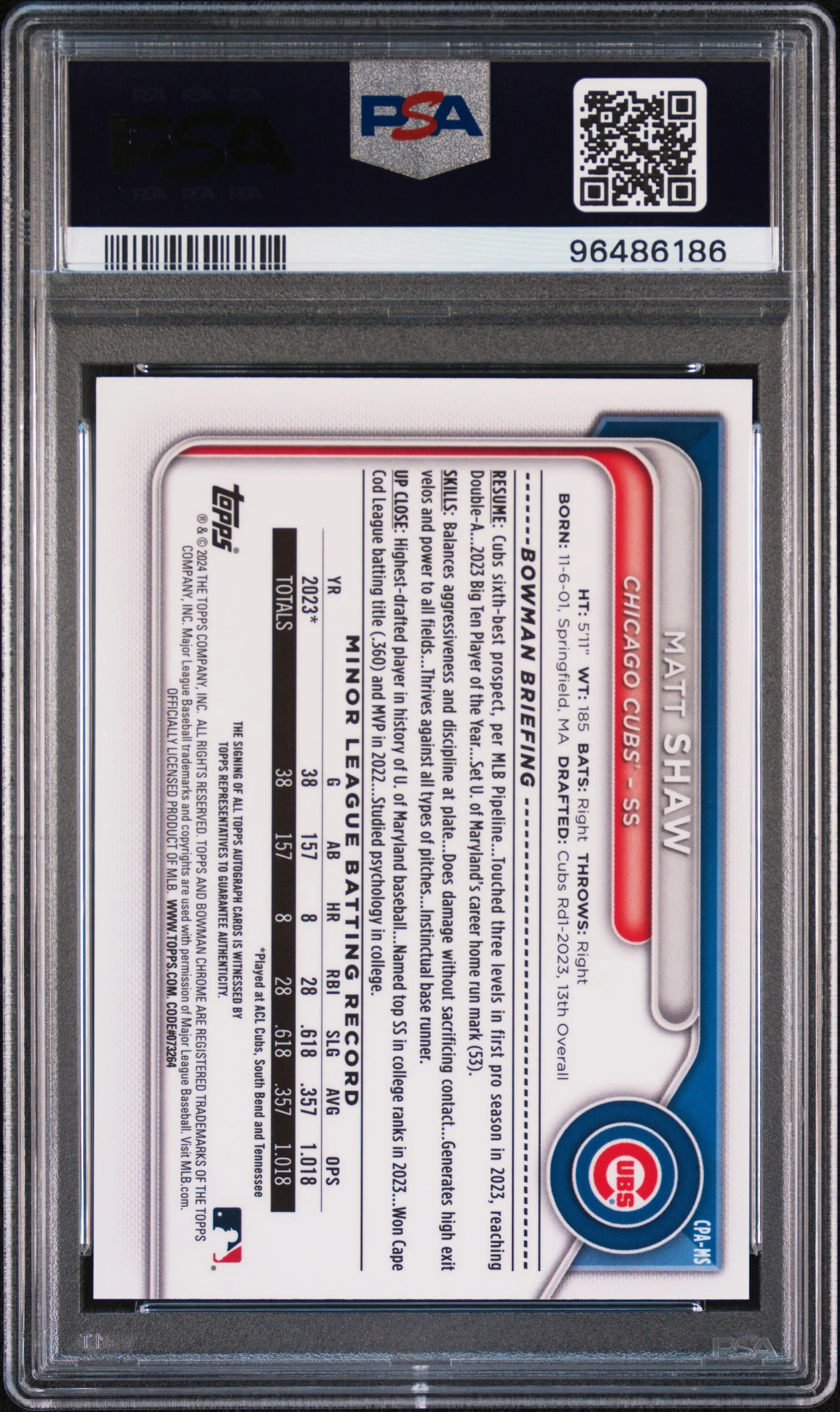 MATT SHAW | 2024 BOWMAN CHROME PROSPECT AUTOGRAPHS CPAMS | CHROME PROSPECT AU-BLUE REF | PSA GEM MT 10 - Image 2