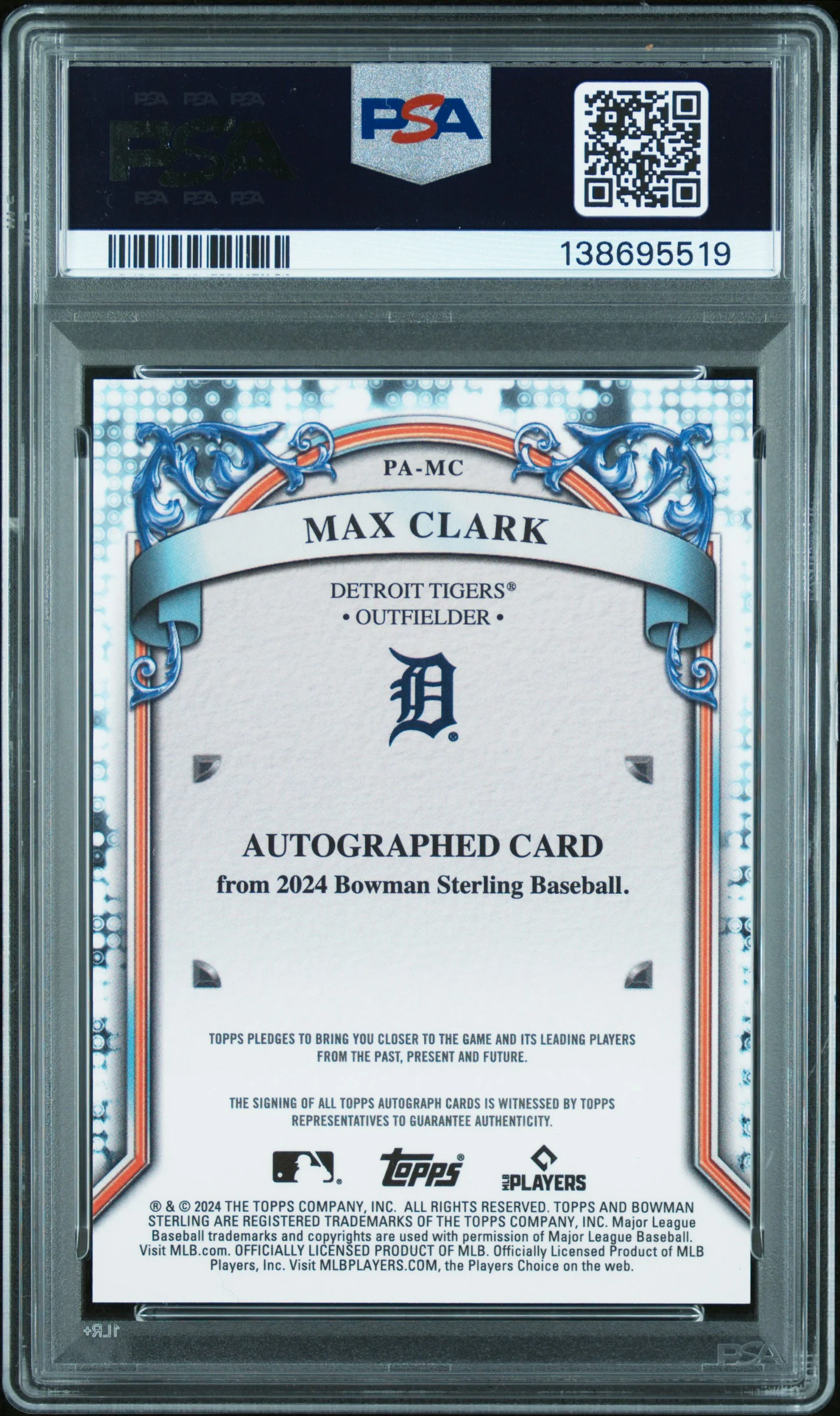 MAX CLARK | 2024 BOWMAN STERLING PROSPECT AUTOGRAPHS PAMC | PROSPECT AU-ORANGE REF | PSA GEM MT 10 - Image 2