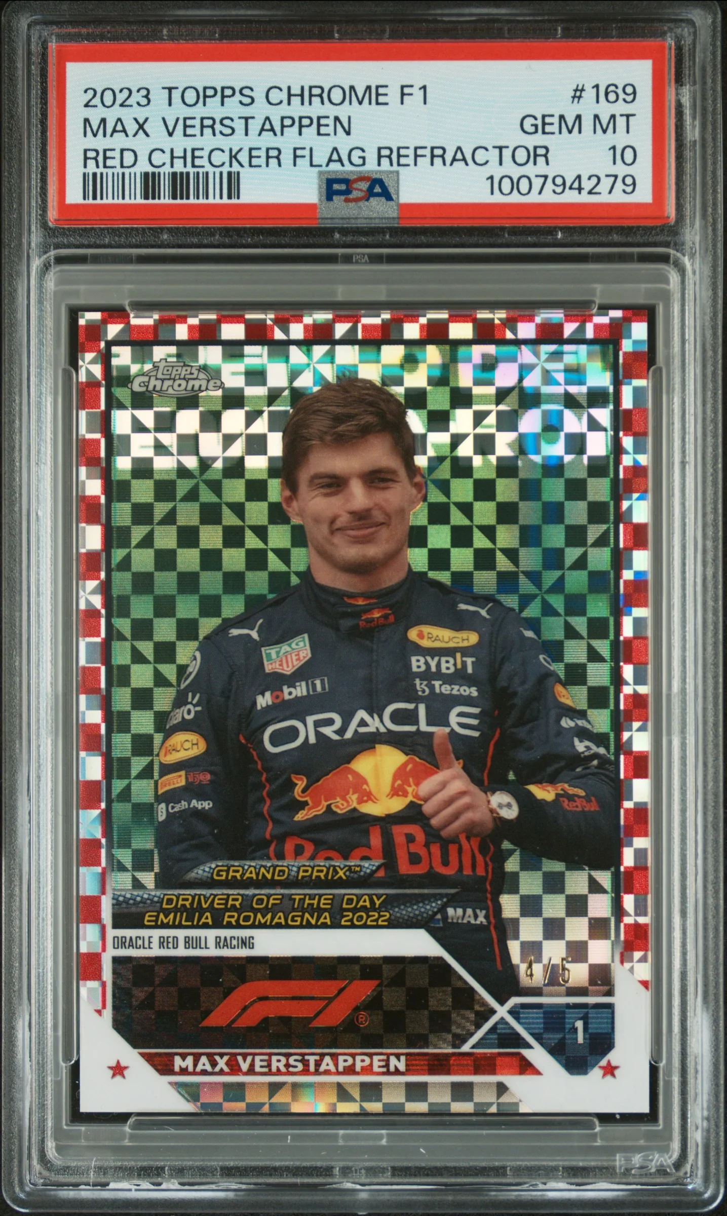 MAX VERSTAPPEN | 2023 TOPPS CHROME FORMULA 1 169 | RED CHECKER FLAG REFRACTOR | PSA GEM MT 10
