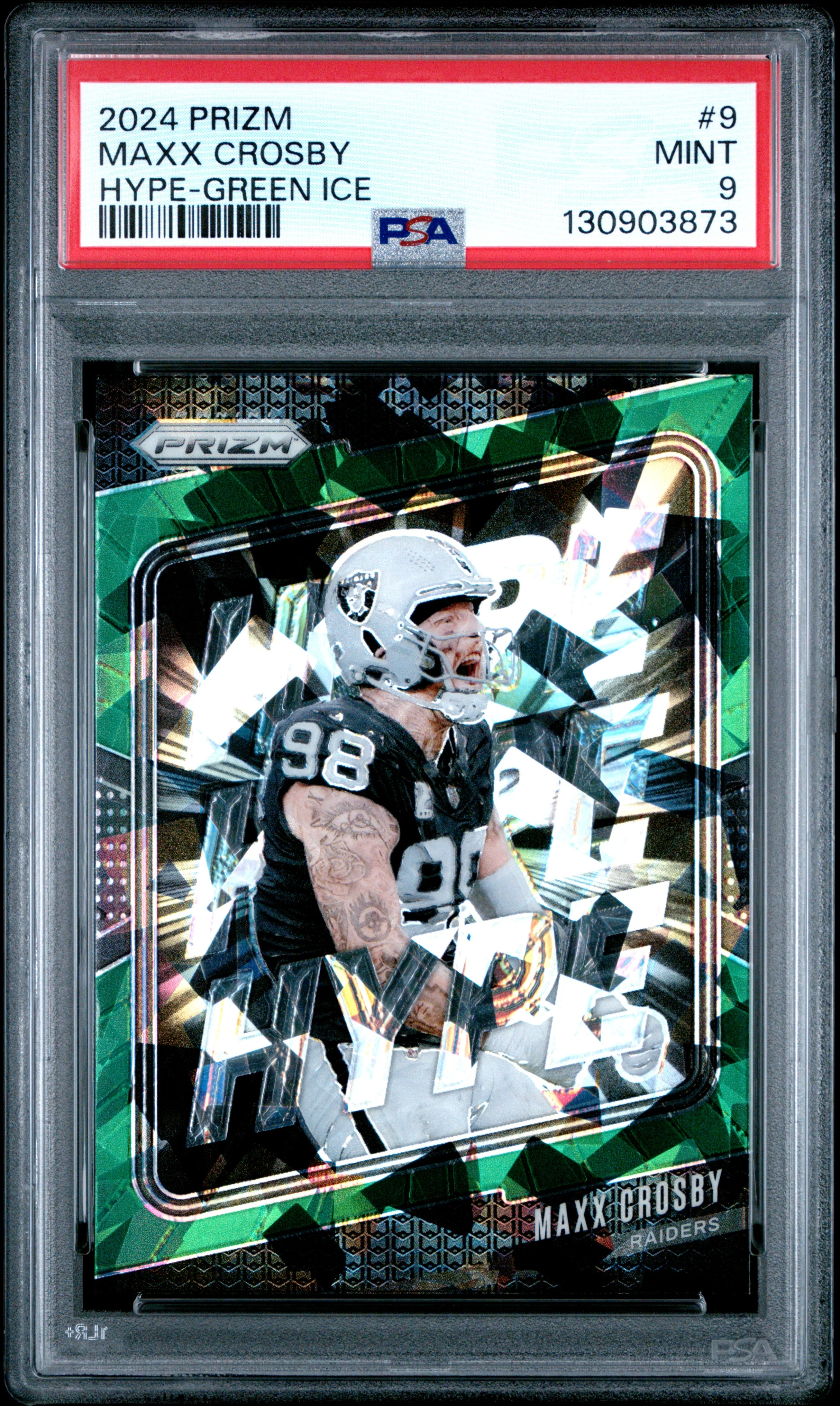 MAXX CROSBY | 2024 PANINI PRIZM HYPE 9 | HYPE-GREEN ICE | PSA MINT 9