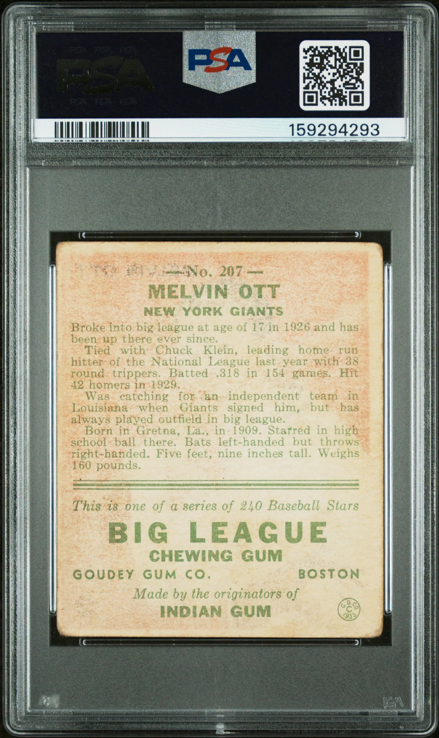 MEL OTT | 1933 GOUDEY 207 | PSA GOOD 2 - Image 2