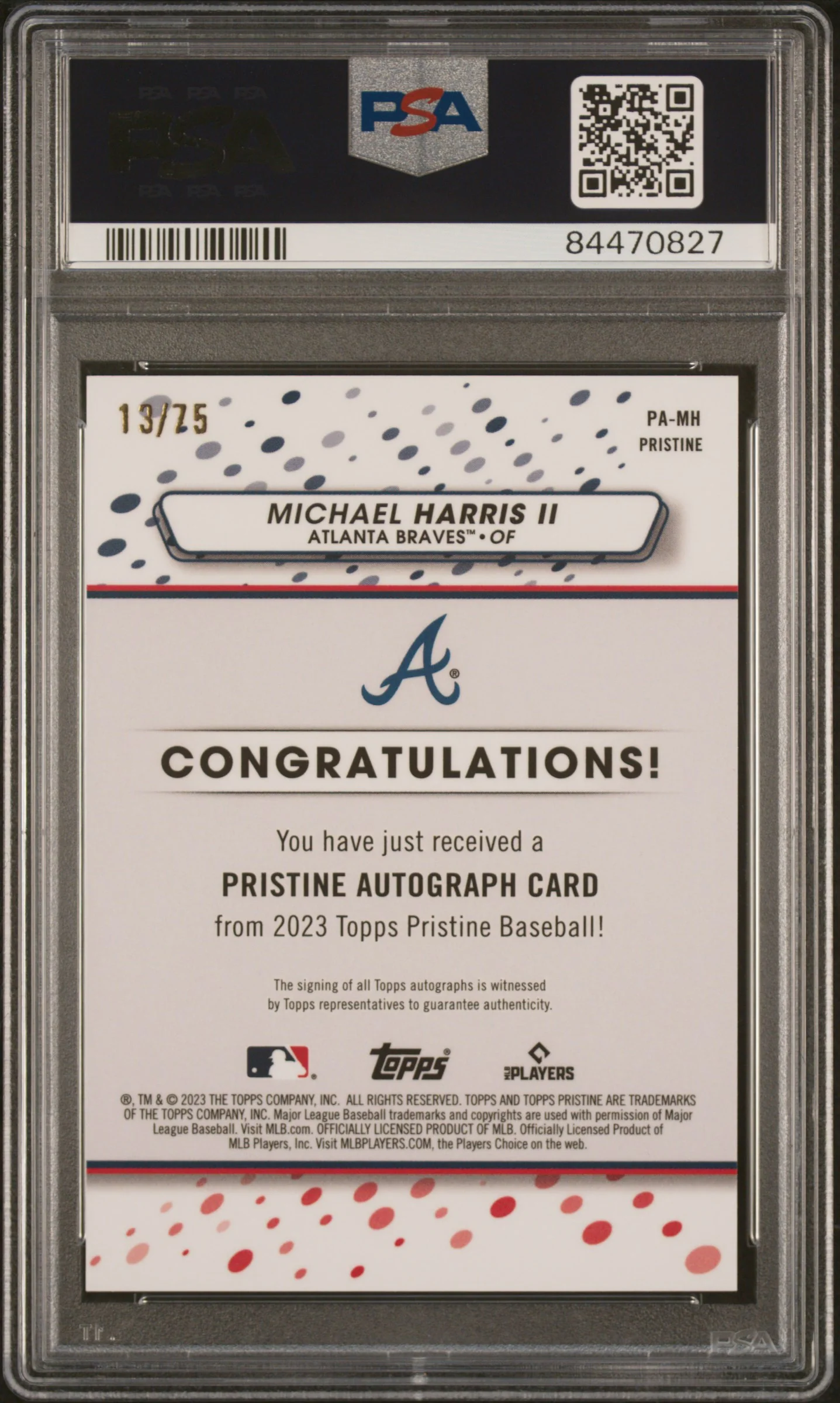 MICHAEL HARRIS II | 2023 TOPPS PRISTINE PRISTINE AUTOGRAPH PAMH | AUTOGRAPH-BLUE | PSA GEM MT 10 - Image 2
