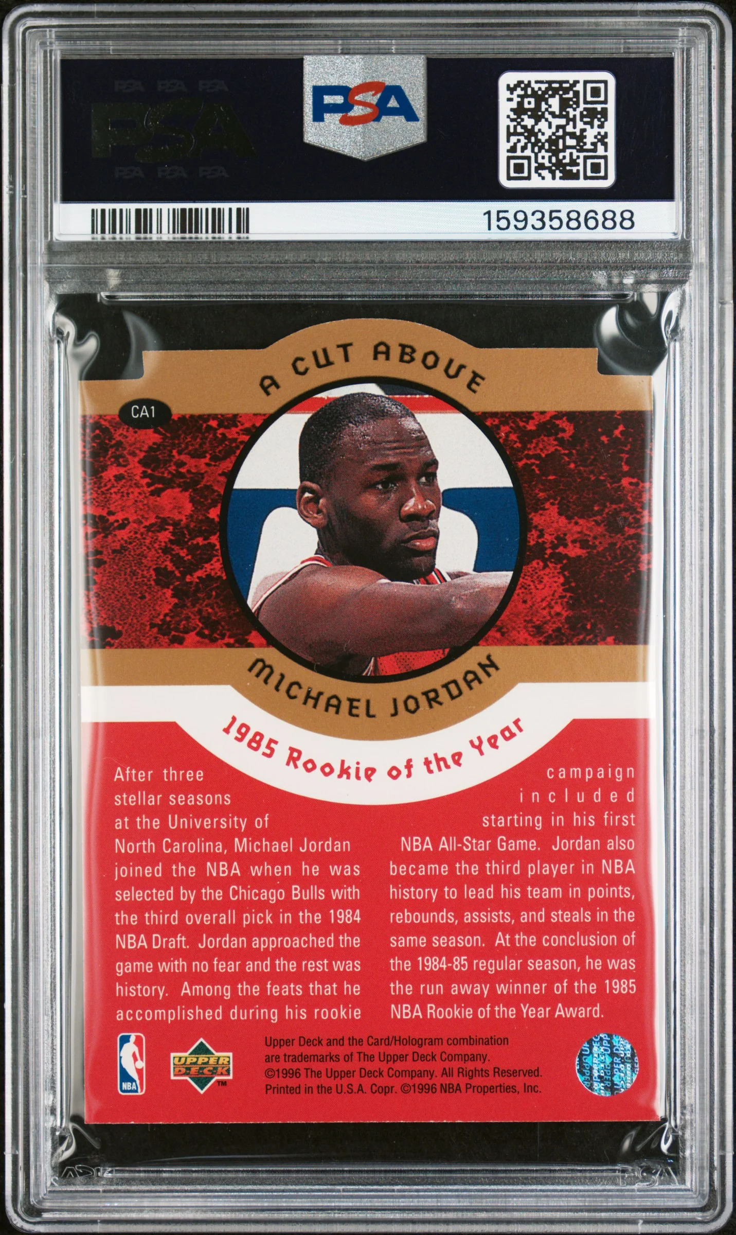 MICHAEL JORDAN | 1996 COLLECTOR'S CHOICE JORDAN A CUT ABOVE CA1 | JORDAN A CUT ABOVE | PSA NM-MT+ 8.5 - Image 2
