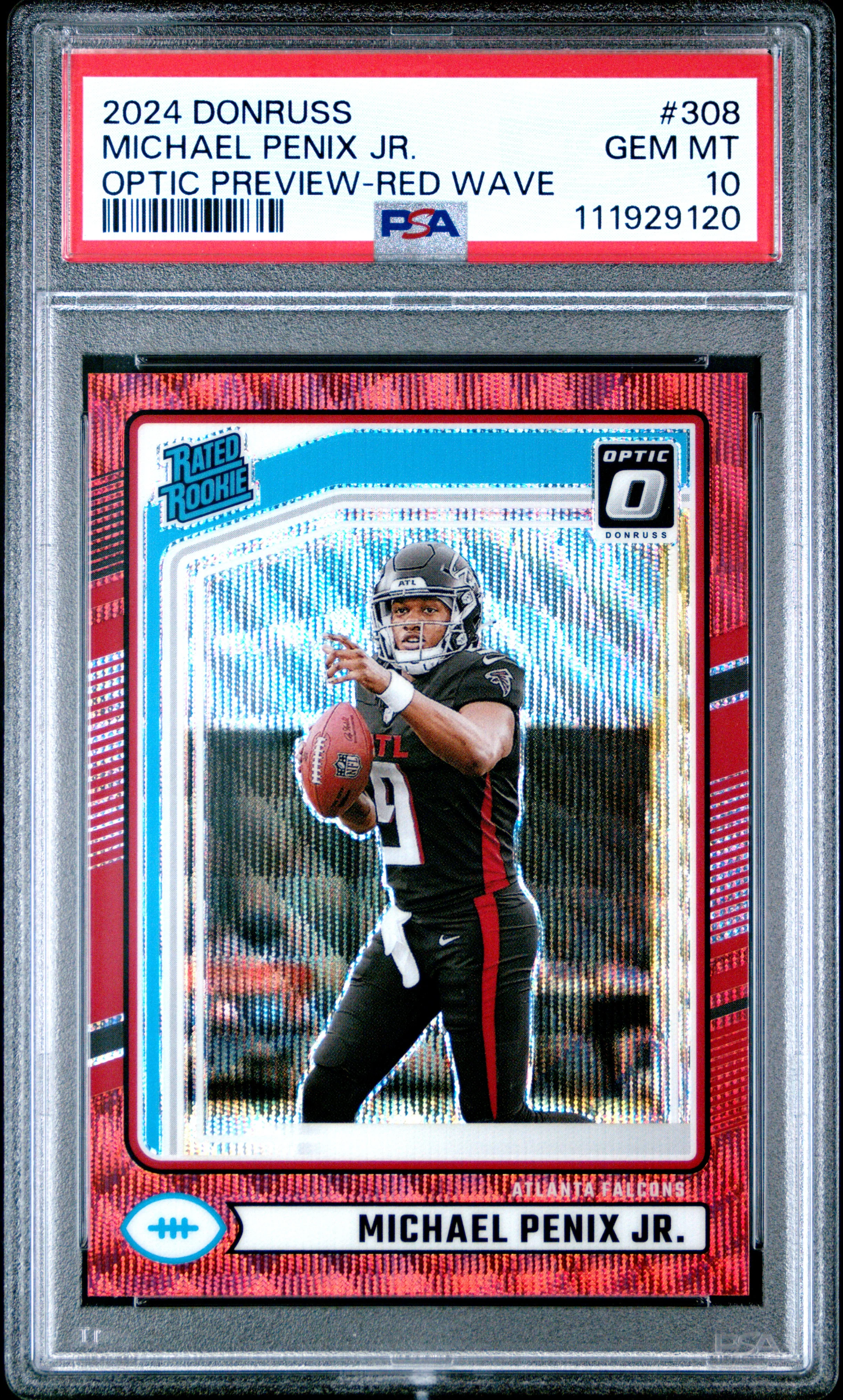 MICHAEL PENIX JR. | 2024 PANINI DONRUSS 308 | OPTIC PREVIEW-RED WAVE | PSA GEM MT 10