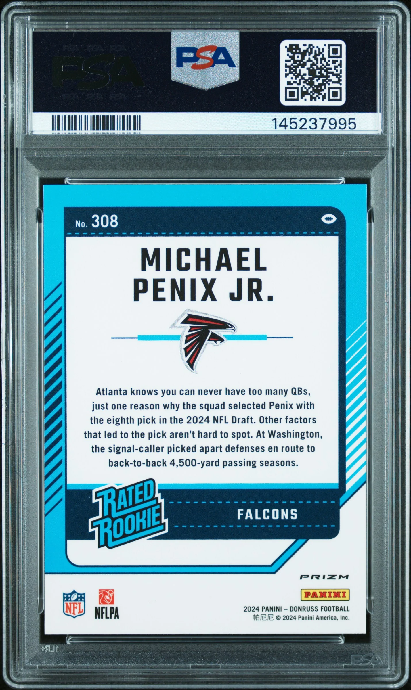 MICHAEL PENIX JR. | 2024 PANINI DONRUSS 308 | OPTIC PREVIEW-RED WAVE | PSA MINT 9 - Image 2