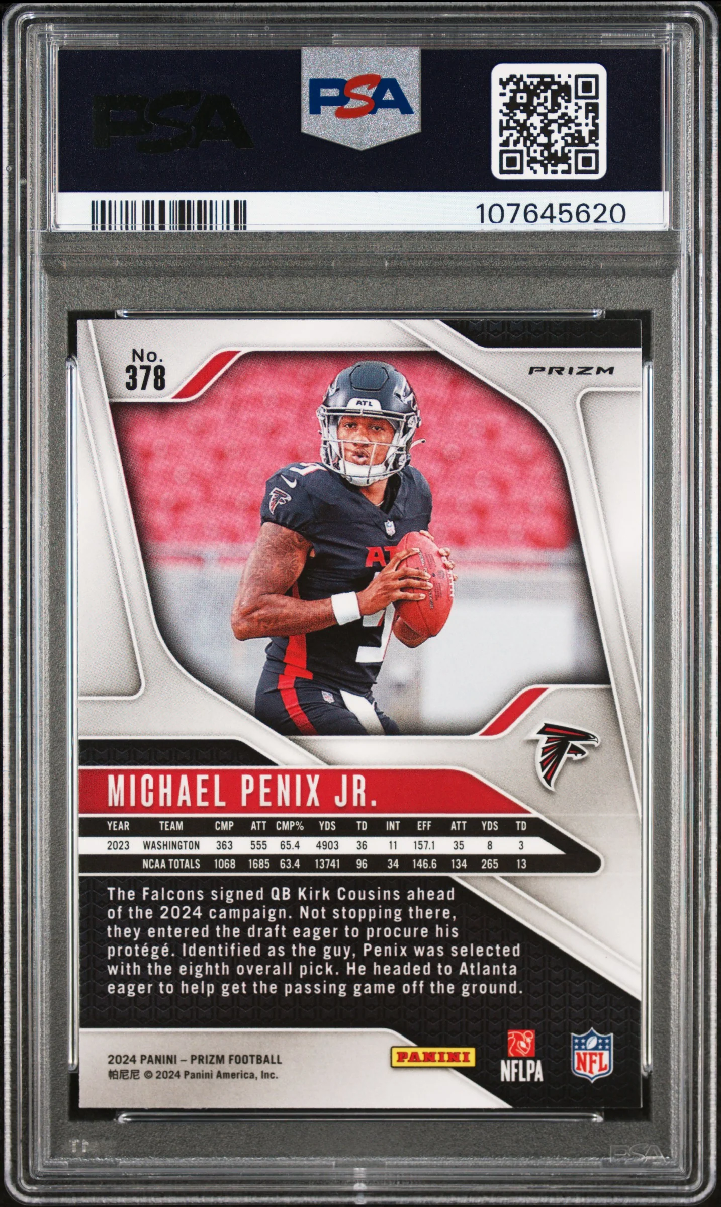MICHAEL PENIX JR. | 2024 PANINI PRIZM 378 | RED/WHITE/BLUE PRIZM | PSA GEM MT 10 - Image 2