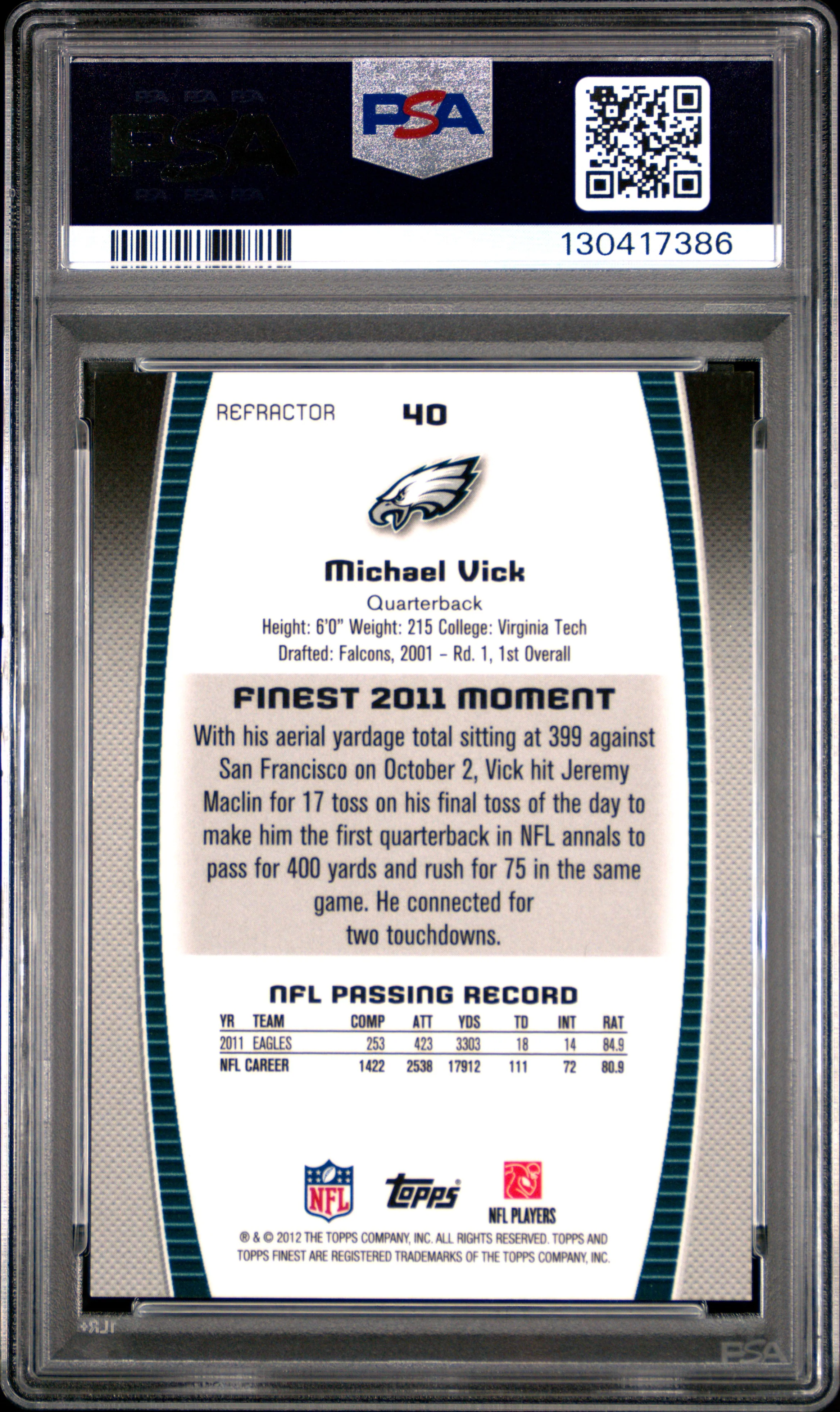 MICHAEL VICK | 2012 FINEST 40 | GOLD REFRACTOR | PSA NM-MT 8 - Image 2