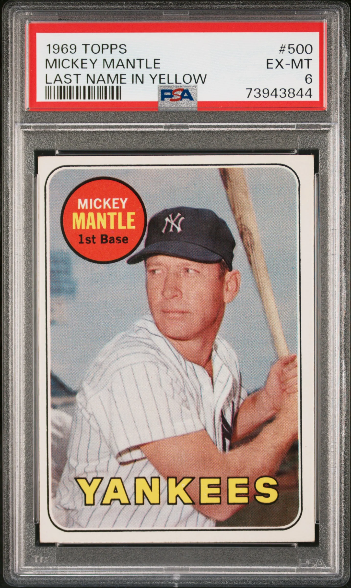 MICKEY MANTLE | 1969 TOPPS 500 | LAST NAME IN YELLOW | PSA EX-MT 6