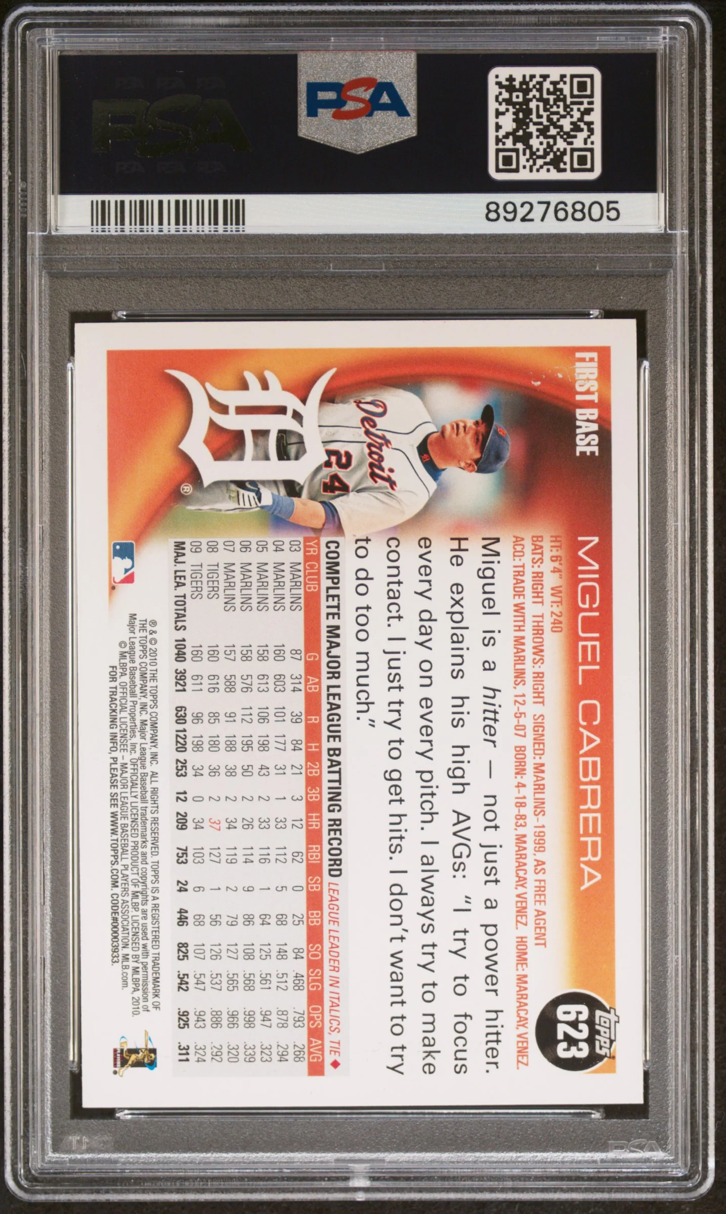 MIGUEL CABRERA | 2010 TOPPS 623 | PSA MINT 9 - Image 2
