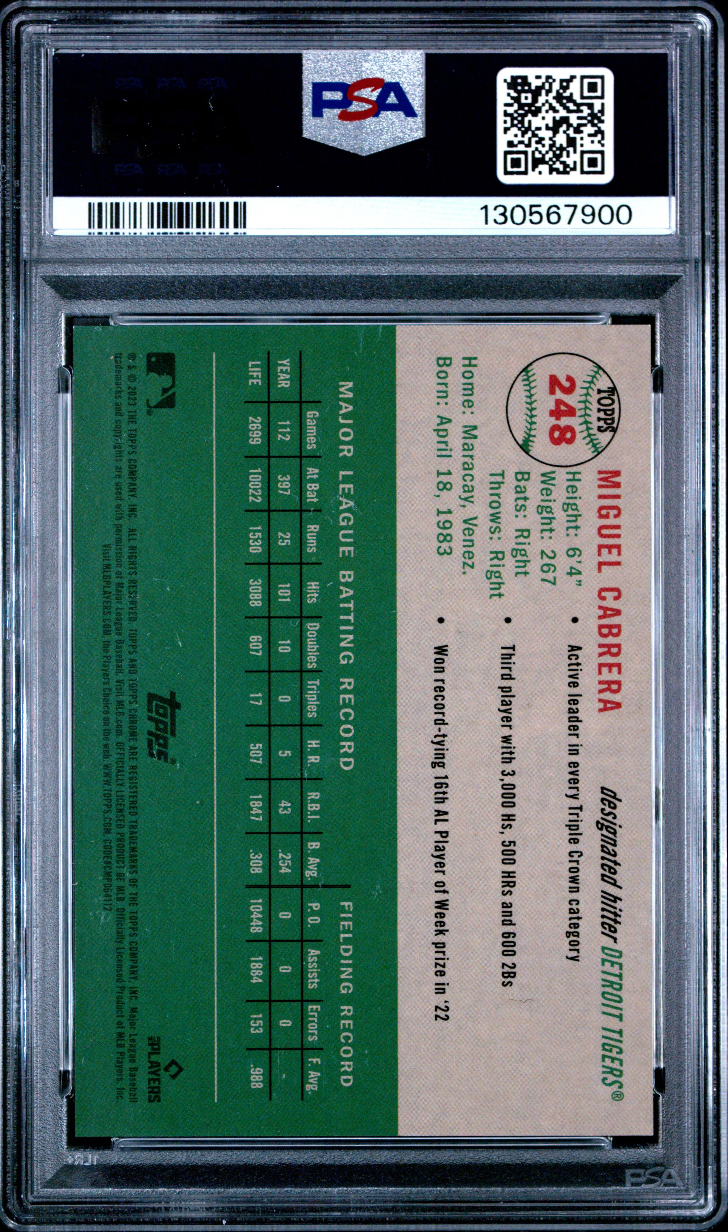 MIGUEL CABRERA | 2023 TOPPS CHROME PLATINUM ANNIVERSARY 248 | SPECKLE REFRACTOR | PSA MINT 9 - Image 2
