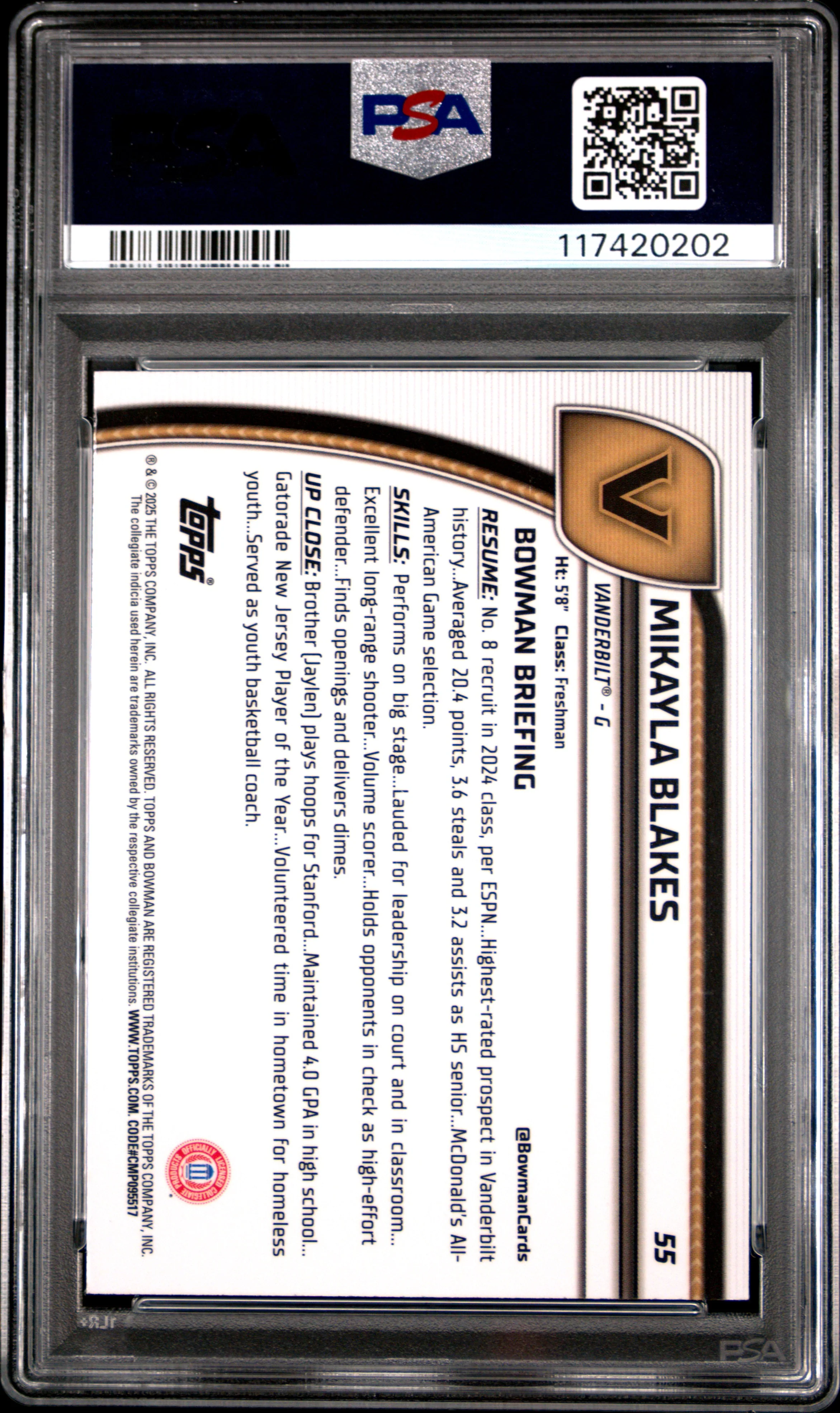MIKAYLA BLAKES | 2024 BOWMAN CHROME UNIVERSITY 55 | PURPLE REFRACTOR | PSA GEM MT 10 - Image 2