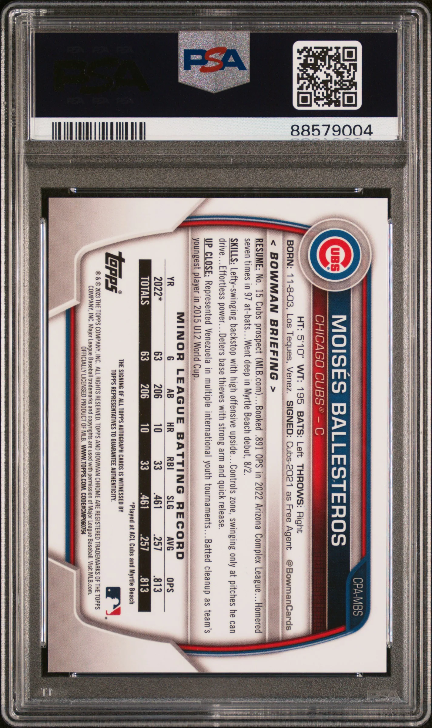 MOISES BALLESTEROS | 2023 BOWMAN CHROME PROSPECT AUTOGRAPHS CPAMBS | CHROME PROSPECT AUTO. | PSA GEM MT 10 - Image 2
