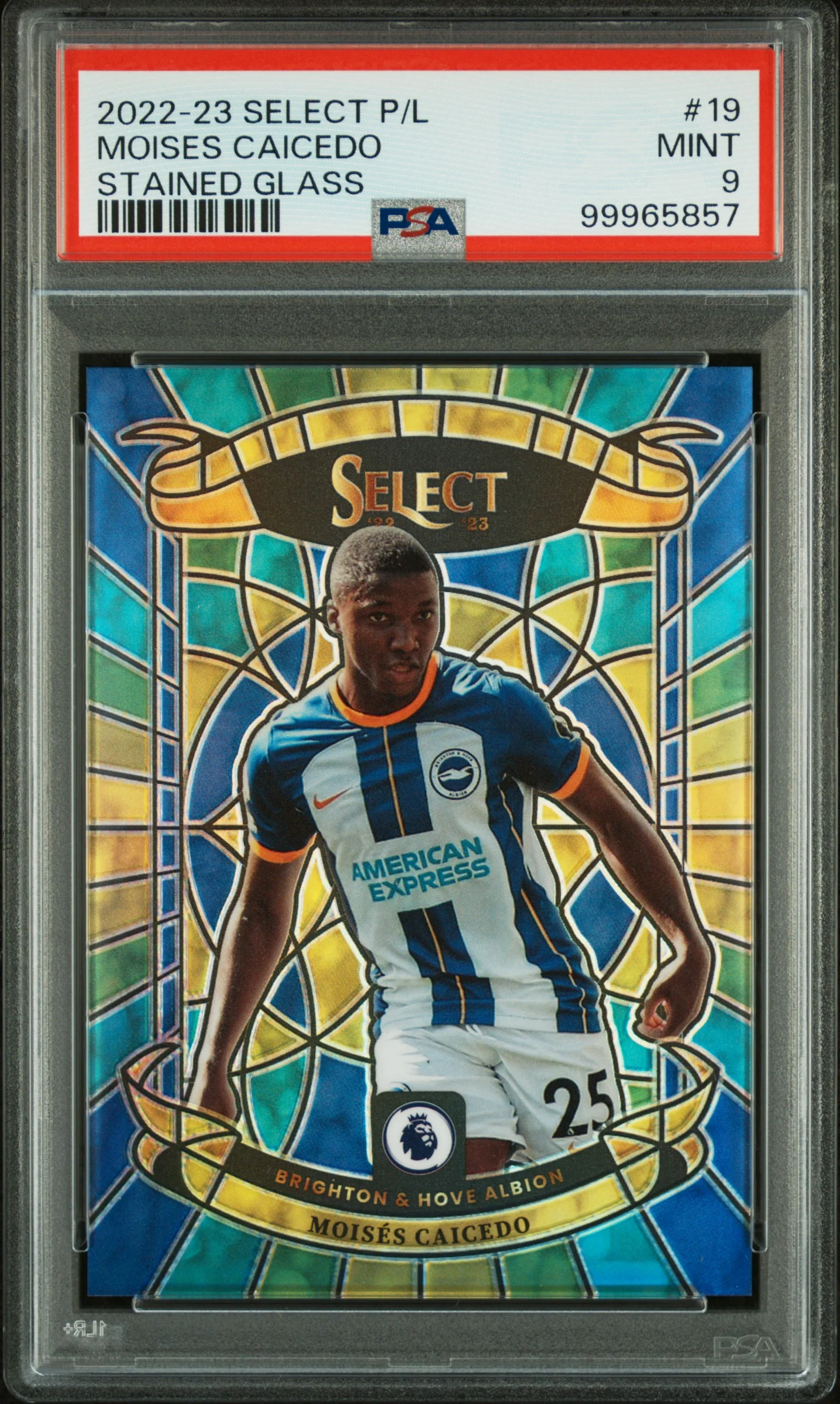 MOISES CAICEDO | 2022-23 PANINI SELECT PREMIER LEAGUE STAINED GLASS 19 | STAINED GLASS | PSA MINT 9