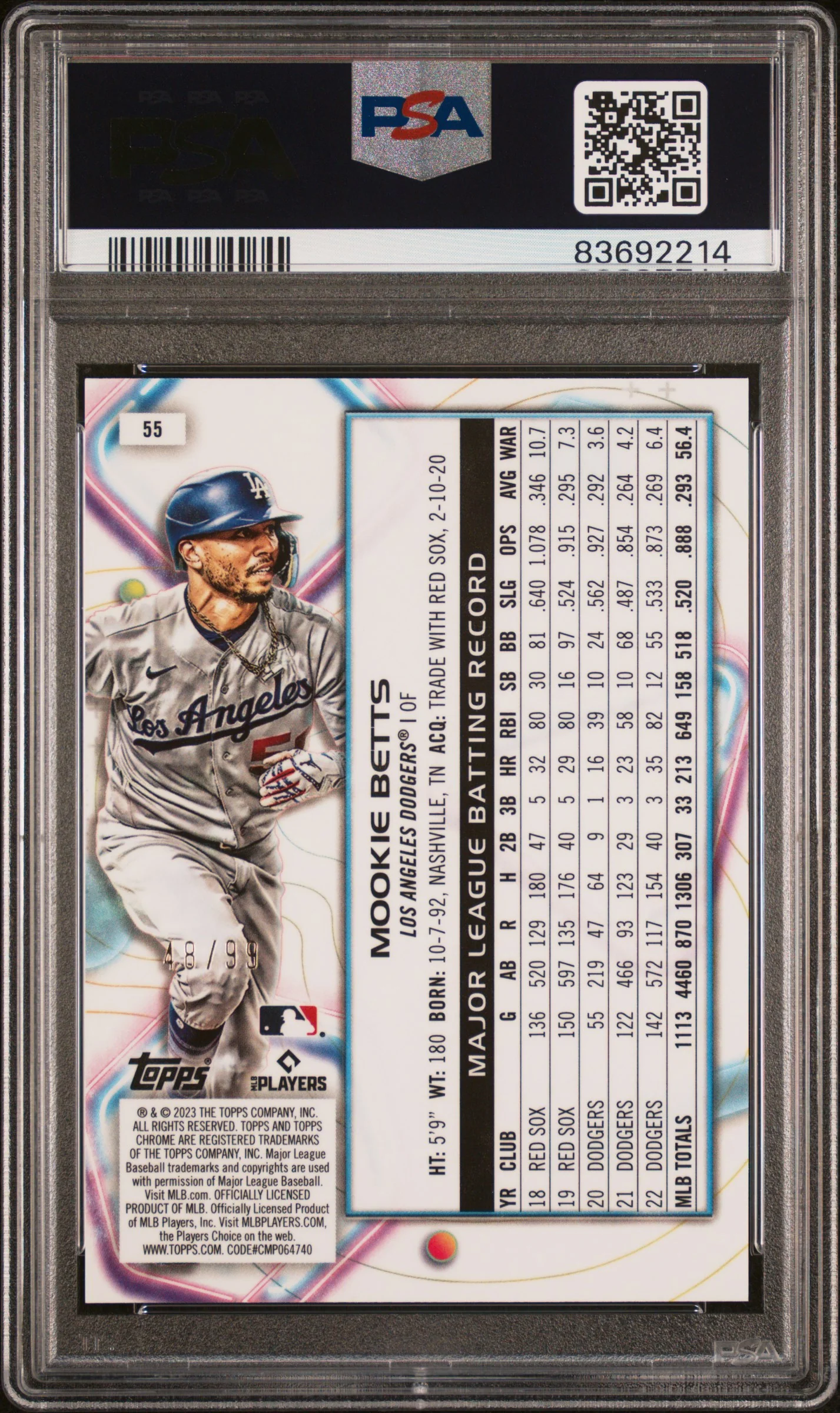 MOOKIE BETTS | 2023 TOPPS COSMIC CHROME 55 | BLUE MOON REFRACTOR | PSA GEM MT 10 - Image 2