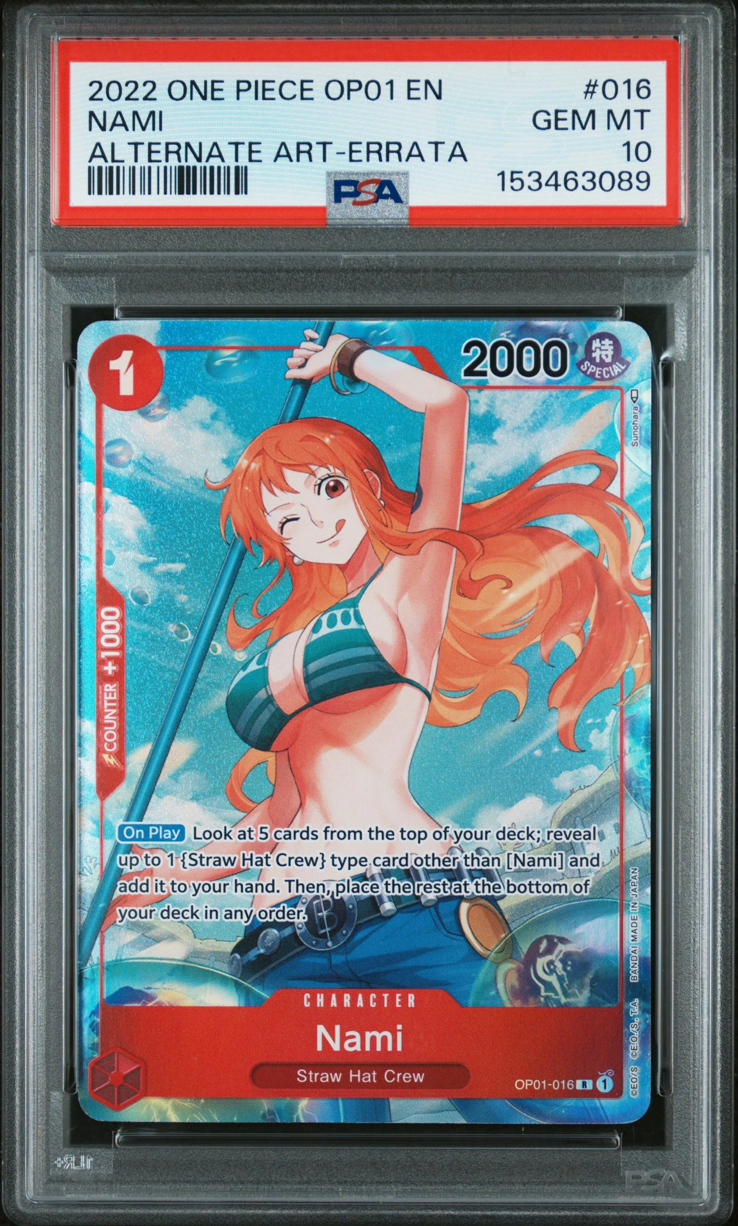 NAMI | 2022 ONE PIECE OP01-ROMANCE DAWN 016 | ALTERNATE ART-ERRATA | PSA GEM MT 10