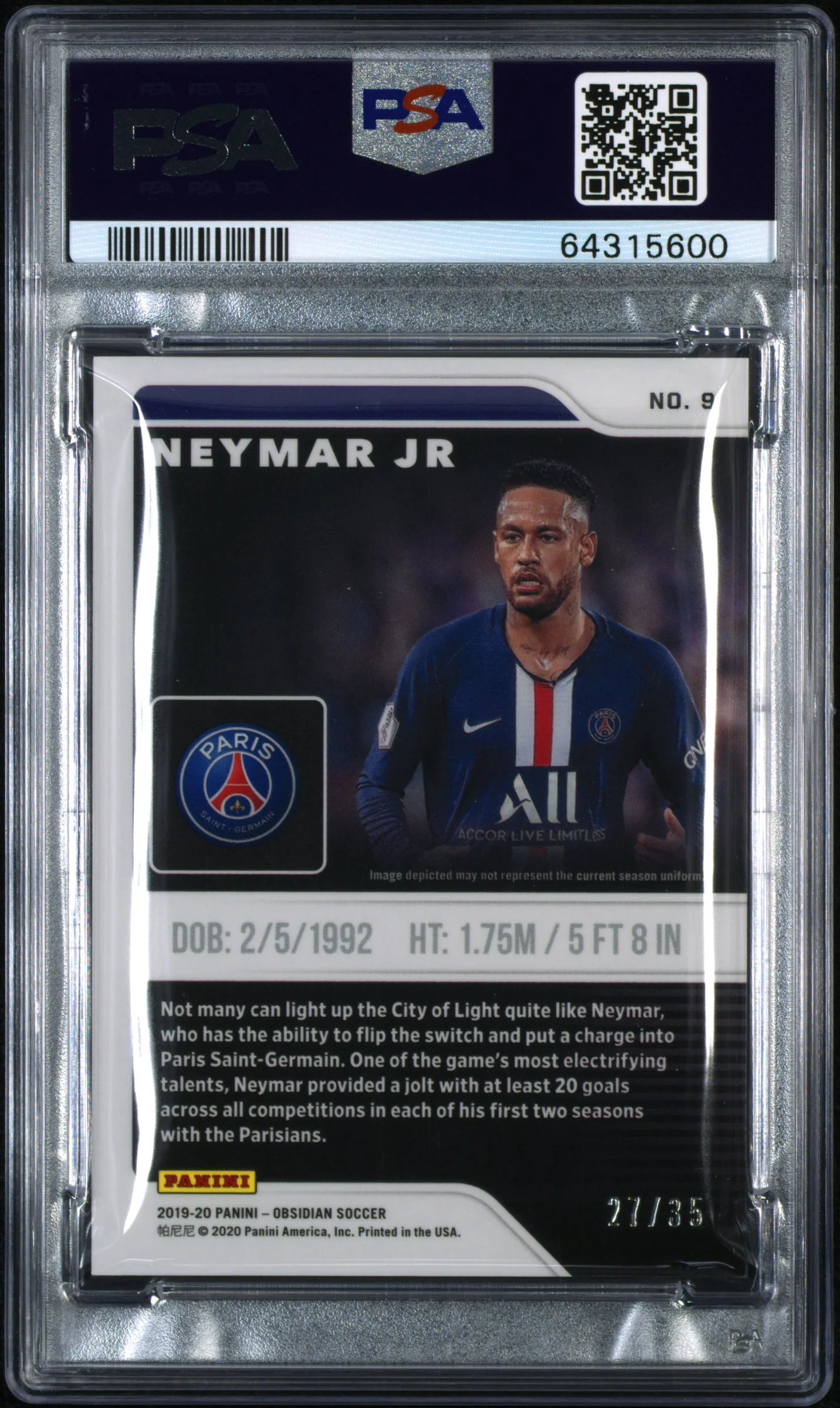NEYMAR JR | 2019 PANINI OBSIDIAN 9 | ELECTRIC ETCH ORANGE | PSA MINT 9 - Image 2