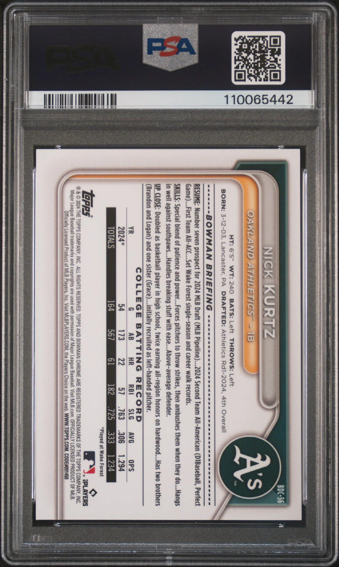 NICK KURTZ | 2024 BOWMAN DRAFT BDC56 | CHROME-BLACK REFRACTOR | PSA MINT 9 - Image 2