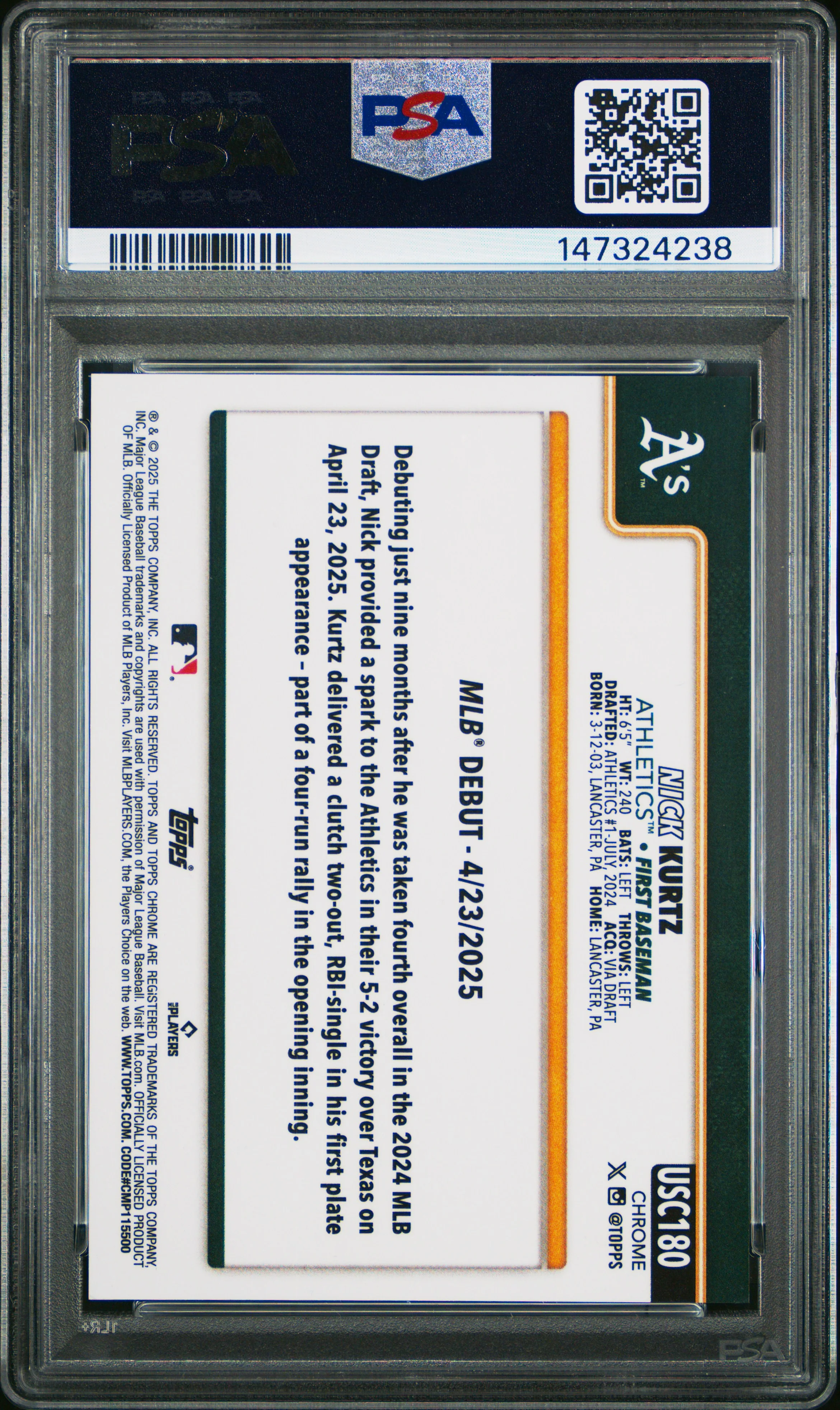 NICK KURTZ | 2025 TOPPS CHROME SAPPHIRE UPDATE SERIES 180 | ORANGE | PSA MINT 9 - Image 2