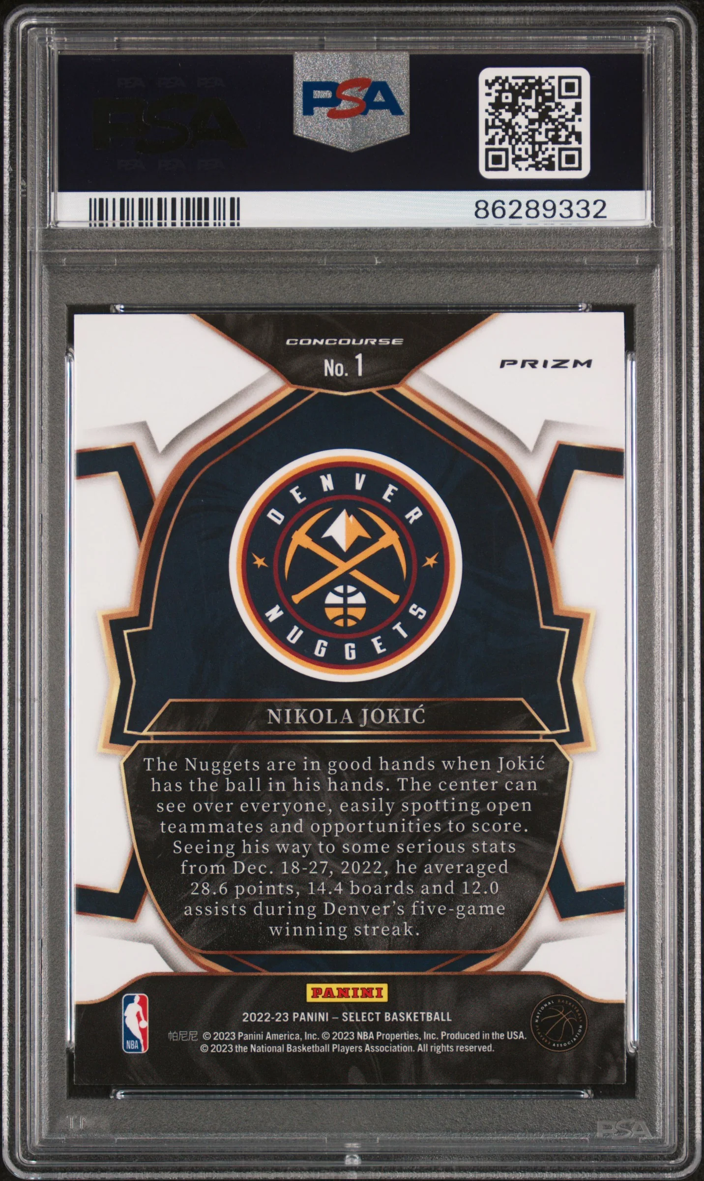 NIKOLA JOKIC | 2022 PANINI SELECT 1 | TIGER | PSA MINT 9 - Image 2