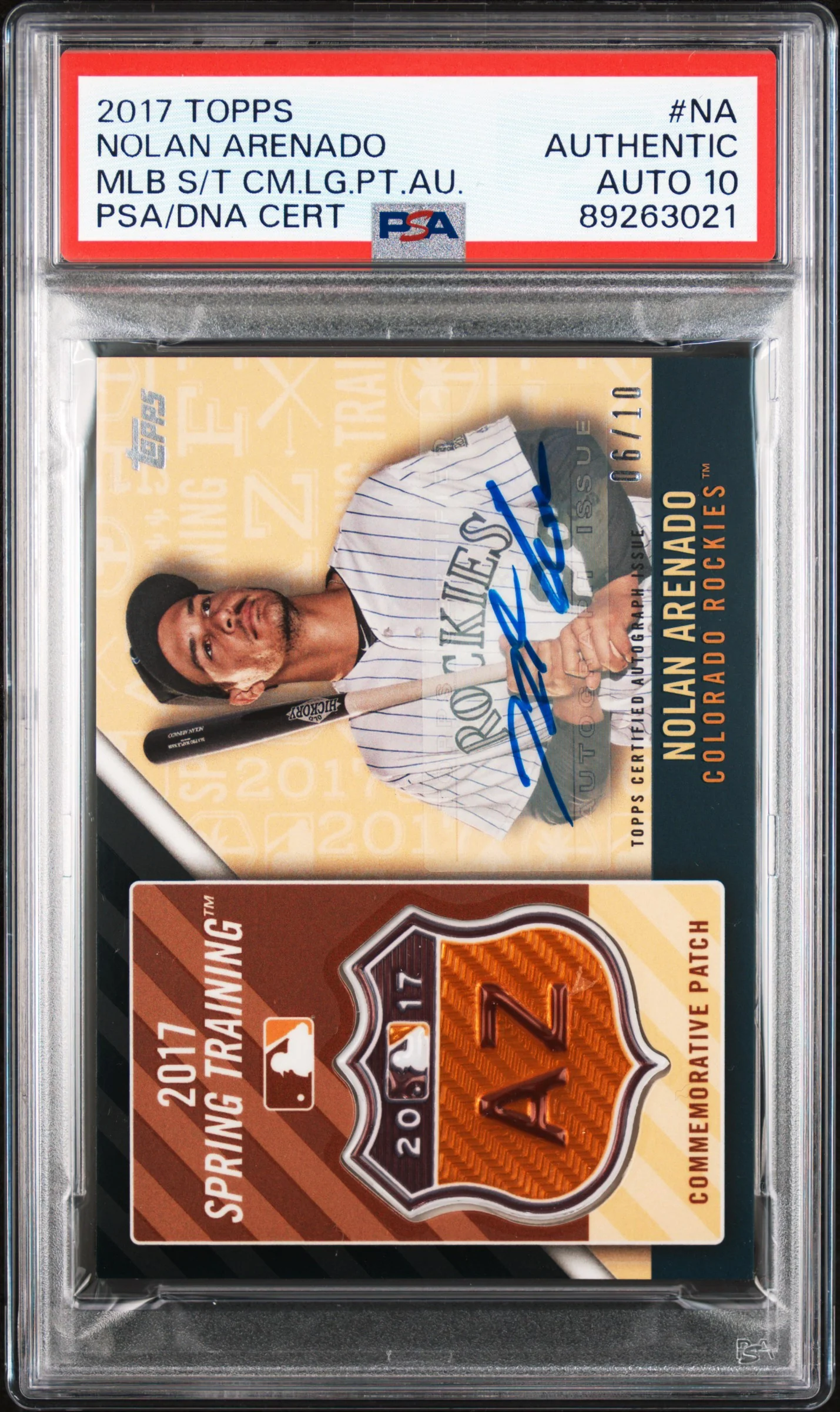 NOLAN ARENADO | 2017 TOPPS MLB SPRING TRAINING COMMEMORATIVE LOGO PATCH AUTOGRAPHS NA | MLB S/T CM.LG.PT.AU. | PSA N0: AUTHENTIC
