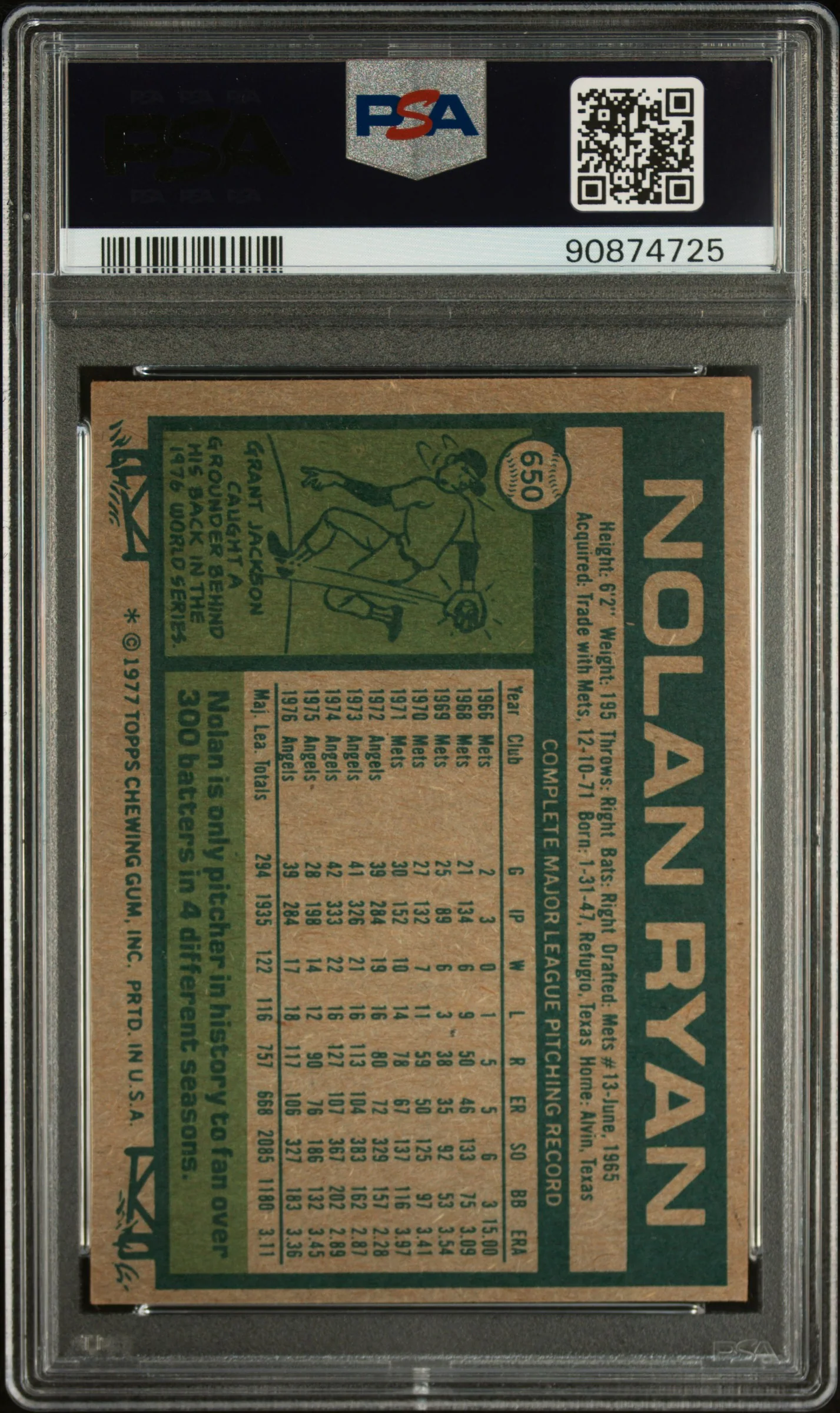 NOLAN RYAN | 1977 TOPPS 650 | PSA EX-MT 6 - Image 2
