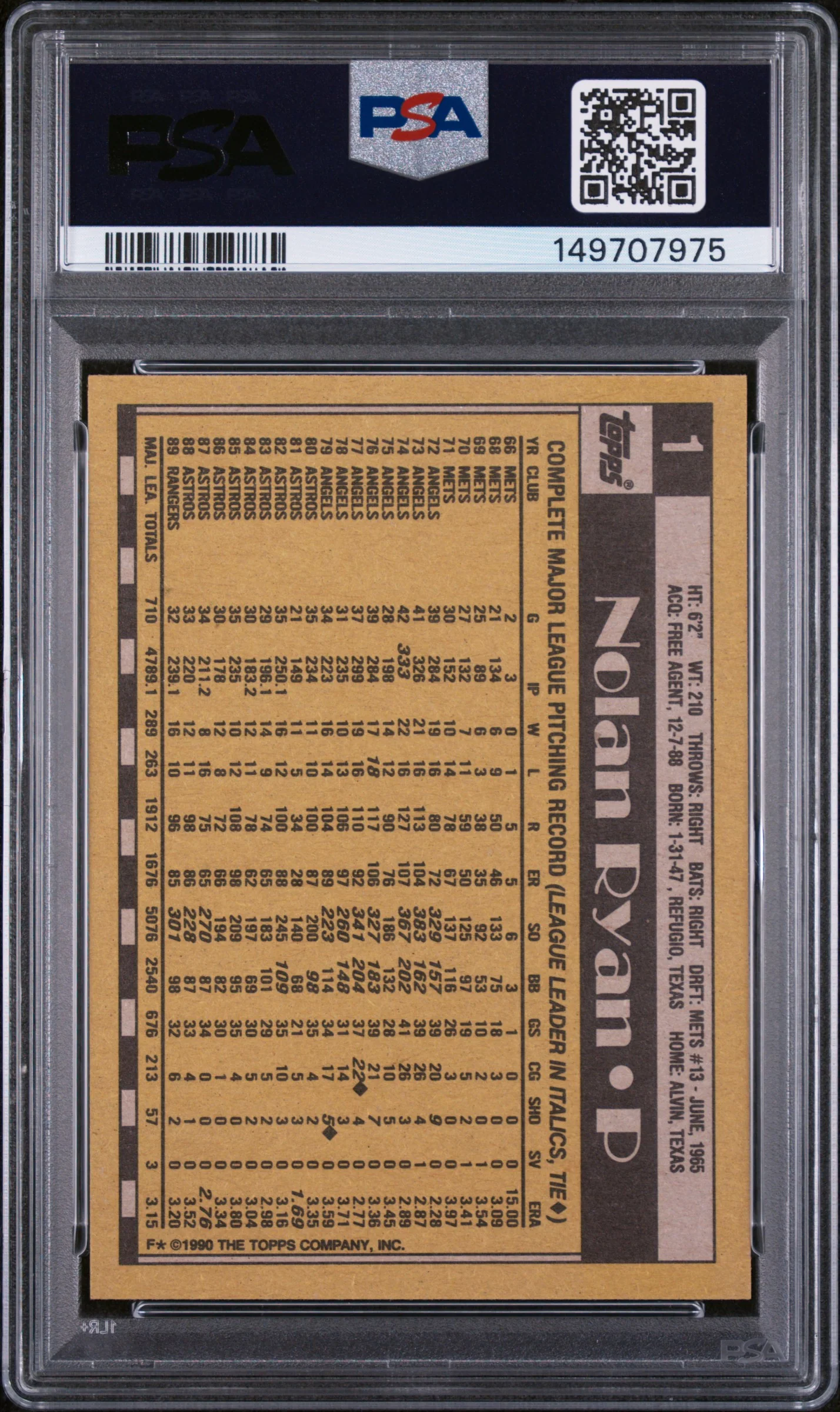 NOLAN RYAN | 1990 TOPPS 1 | PSA NM-MT 8 - Image 2