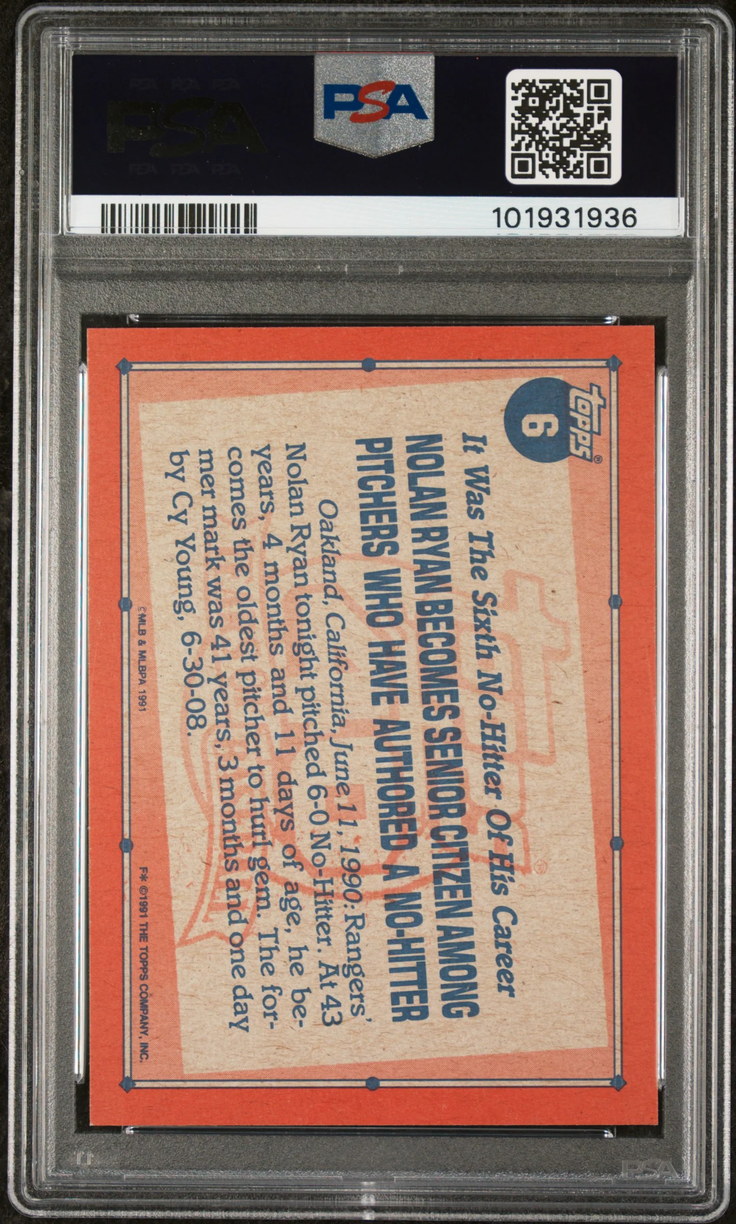 NOLAN RYAN | 1991 TOPPS 6 | PSA MINT 9 - Image 2