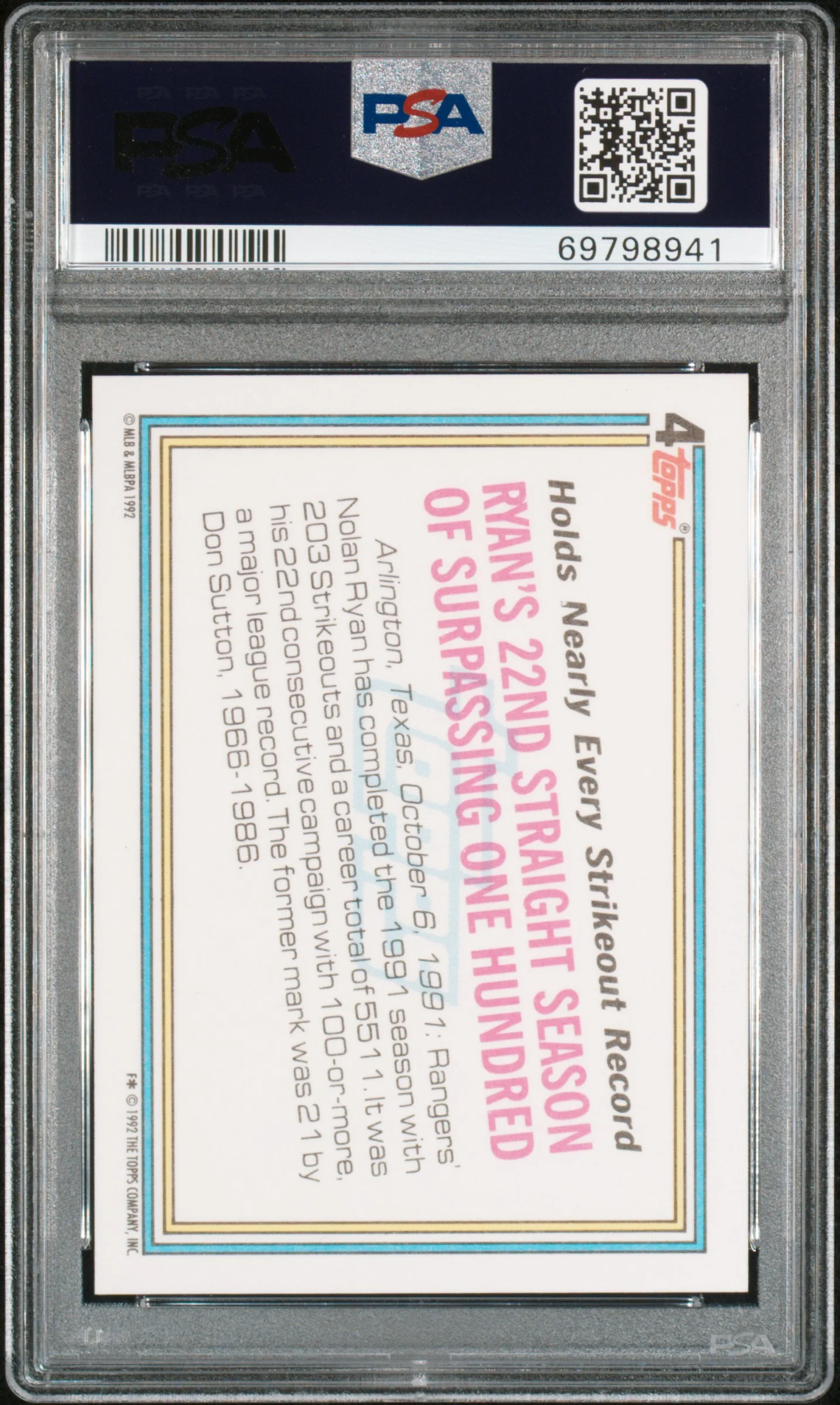 NOLAN RYAN | 1992 TOPPS 4 | PSA MINT 9 - Image 2