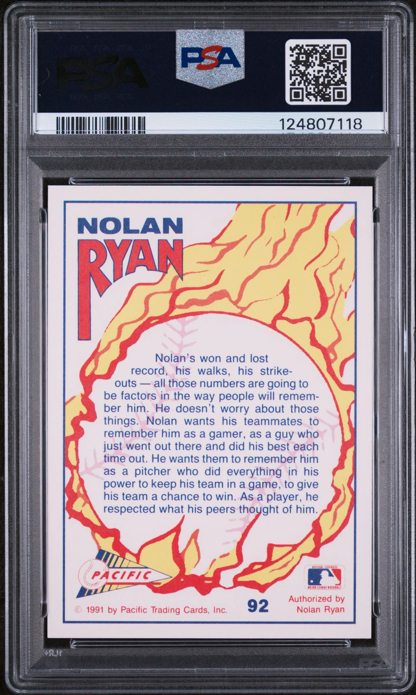 NOLAN'S A REAL GAMER | 1991 PACIFIC NOLAN RYAN 92 | PSA NM-MT 8 - Image 2