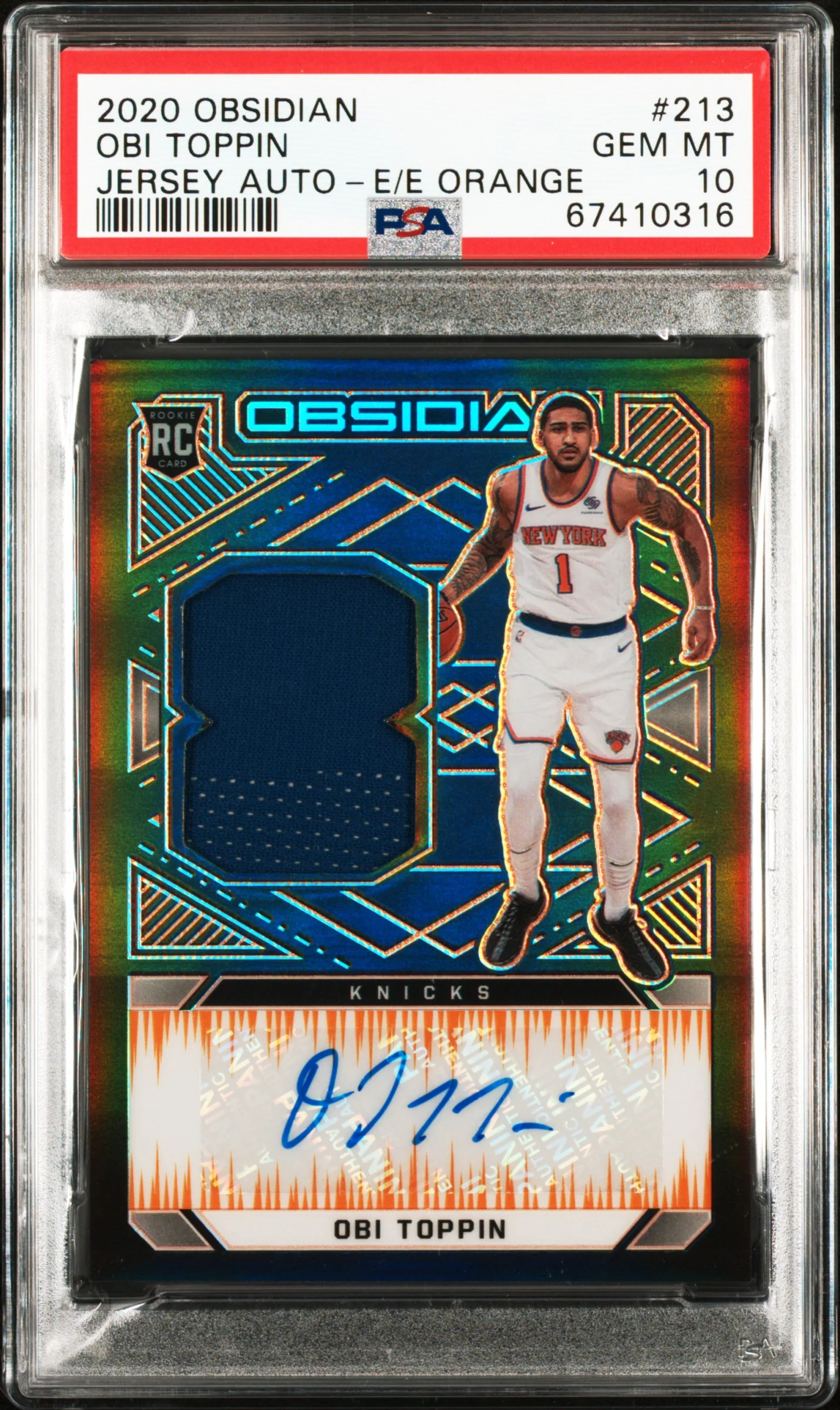 OBI TOPPIN | 2020 PANINI OBSIDIAN 213 | JERSEY AUTO-E/E ORANGE | PSA GEM MT 10