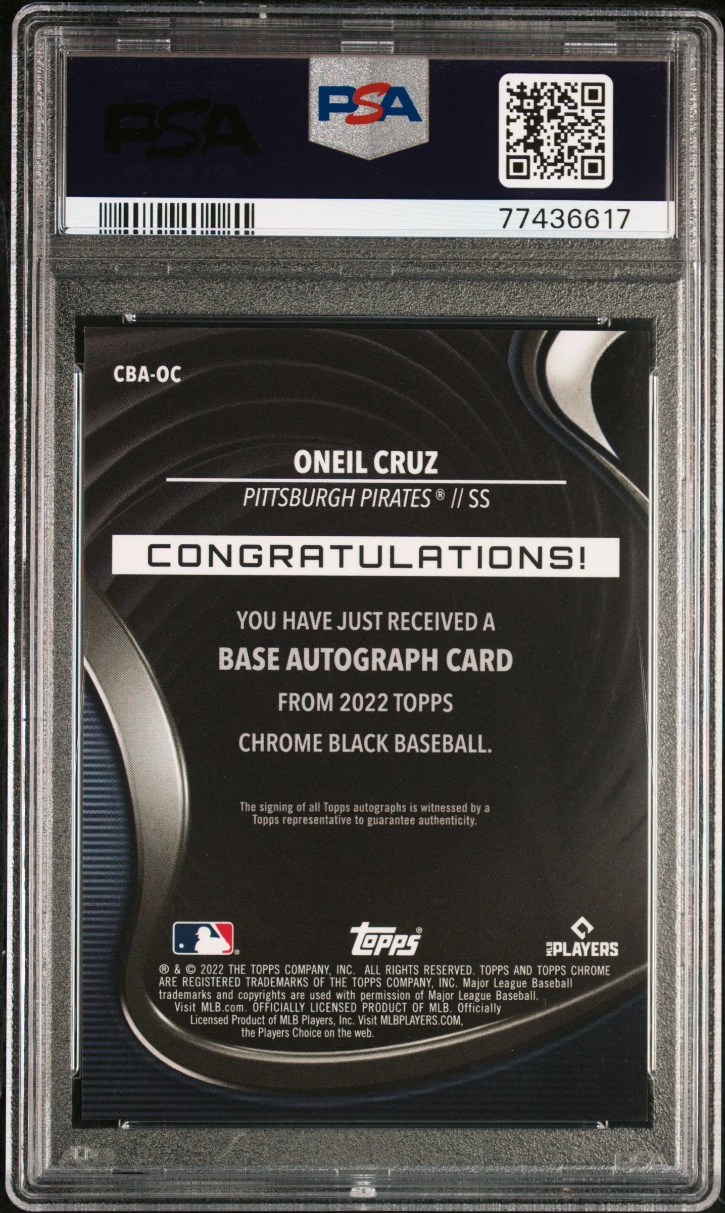 ONEIL CRUZ | 2022 TOPPS CHROME BLACK AUTOGRAPHS OC | AUTOGRAPH-GOLD REF. | PSA GEM MT 10 - Image 2