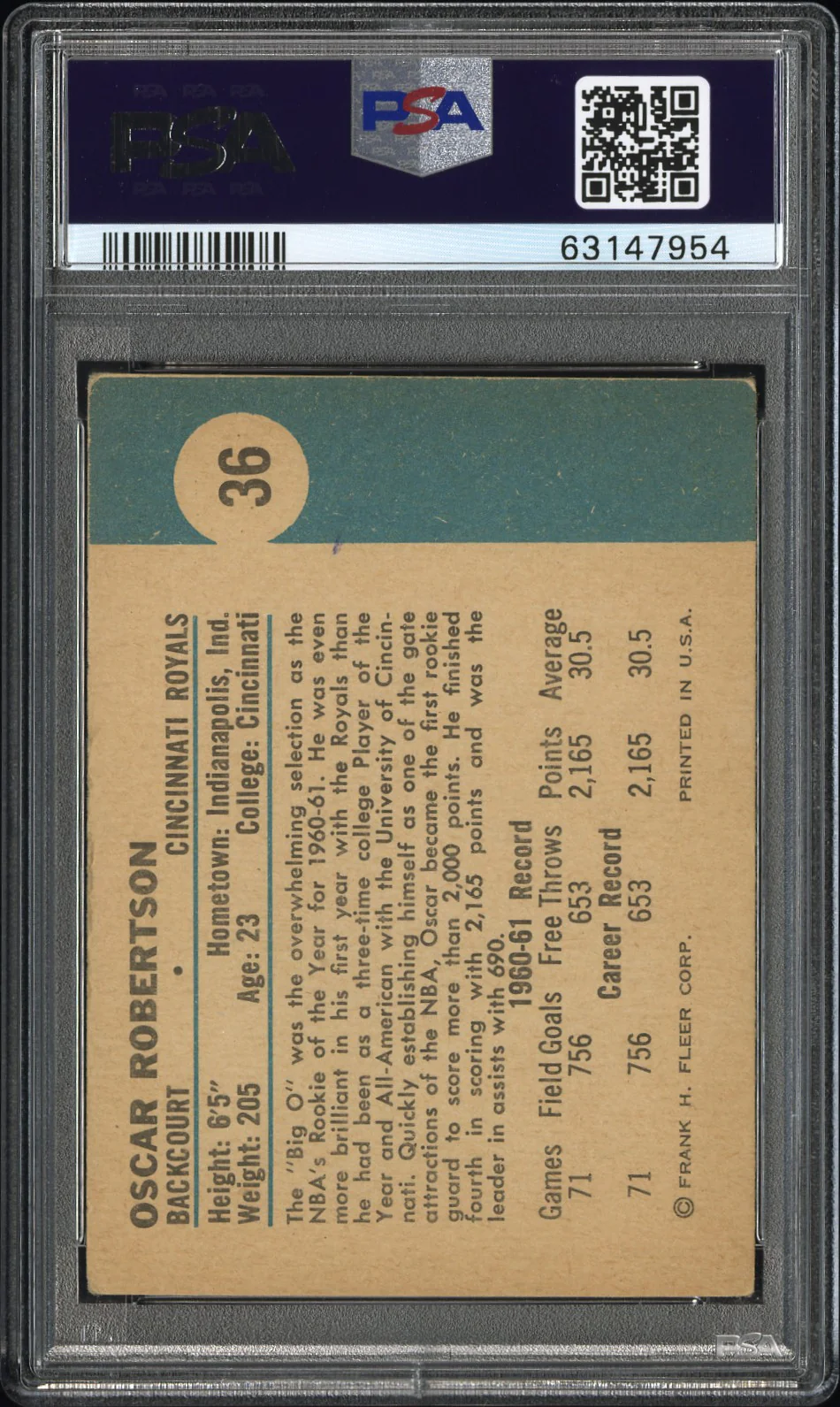 OSCAR ROBERTSON | 1961 FLEER 36 | PSA VG 3 - Image 2
