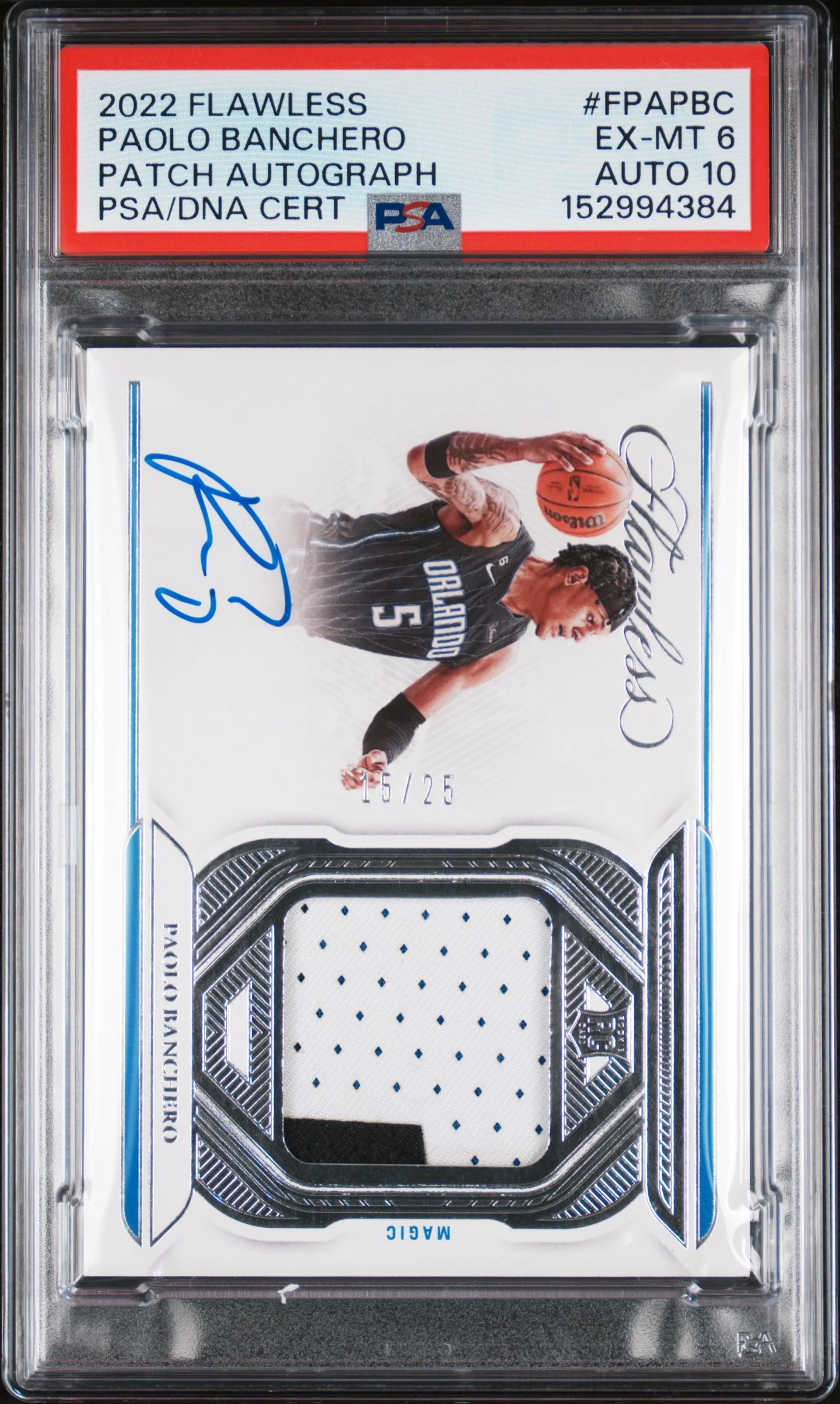 PAOLO BANCHERO | 2022 PANINI FLAWLESS FLAWLESS PATCH AUTOGRAPHS FPAPBC | PSA EX-MT 6