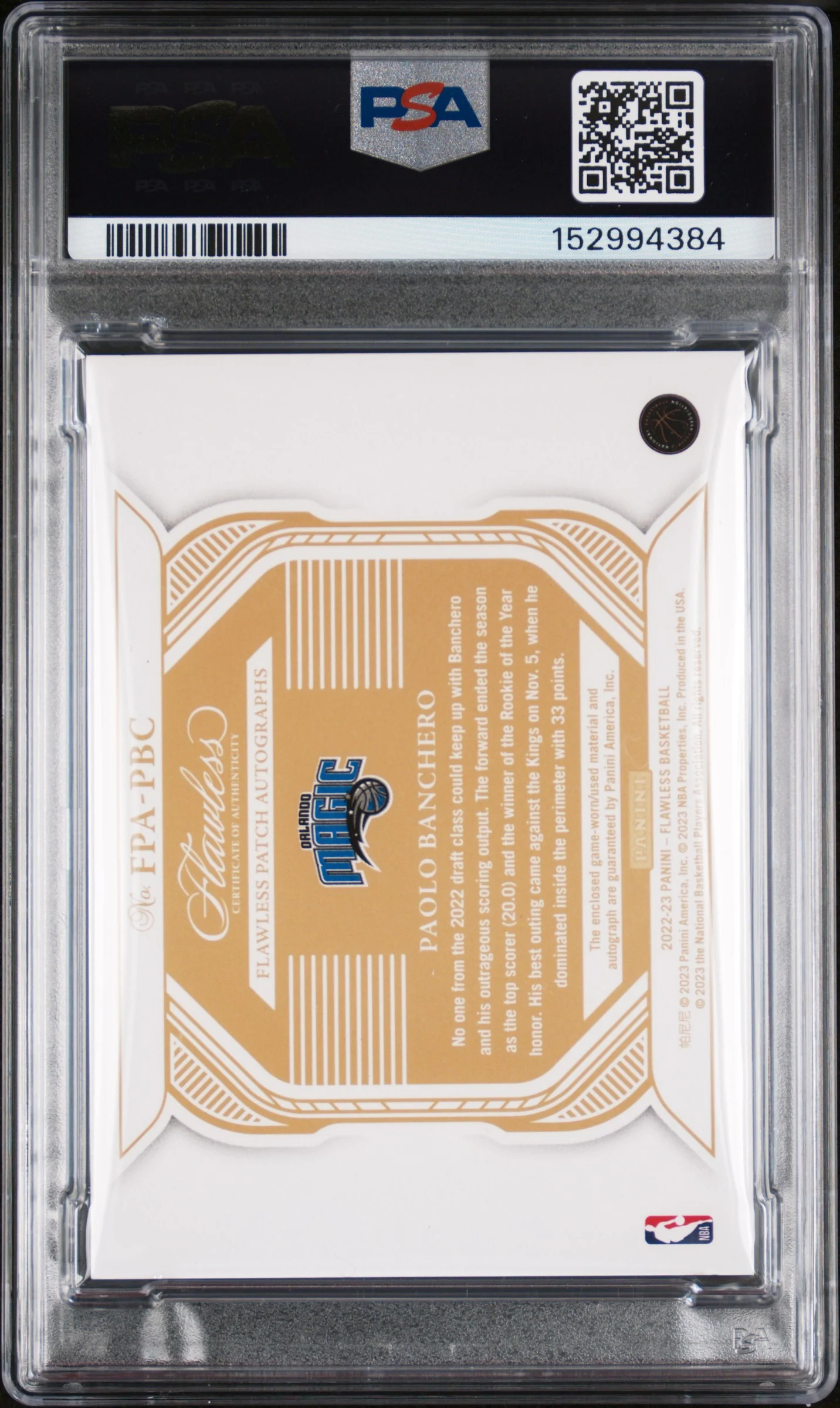 PAOLO BANCHERO | 2022 PANINI FLAWLESS FLAWLESS PATCH AUTOGRAPHS FPAPBC | PSA EX-MT 6 - Image 2