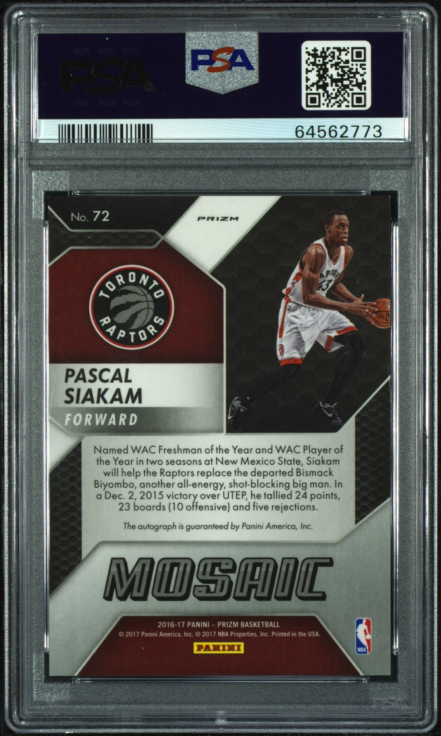 PASCAL SIAKAM | 2016 PANINI PRIZM MOSAIC 72 | MOSAIC-AUTOGRAPH | PSA GEM MT 10 - Image 2