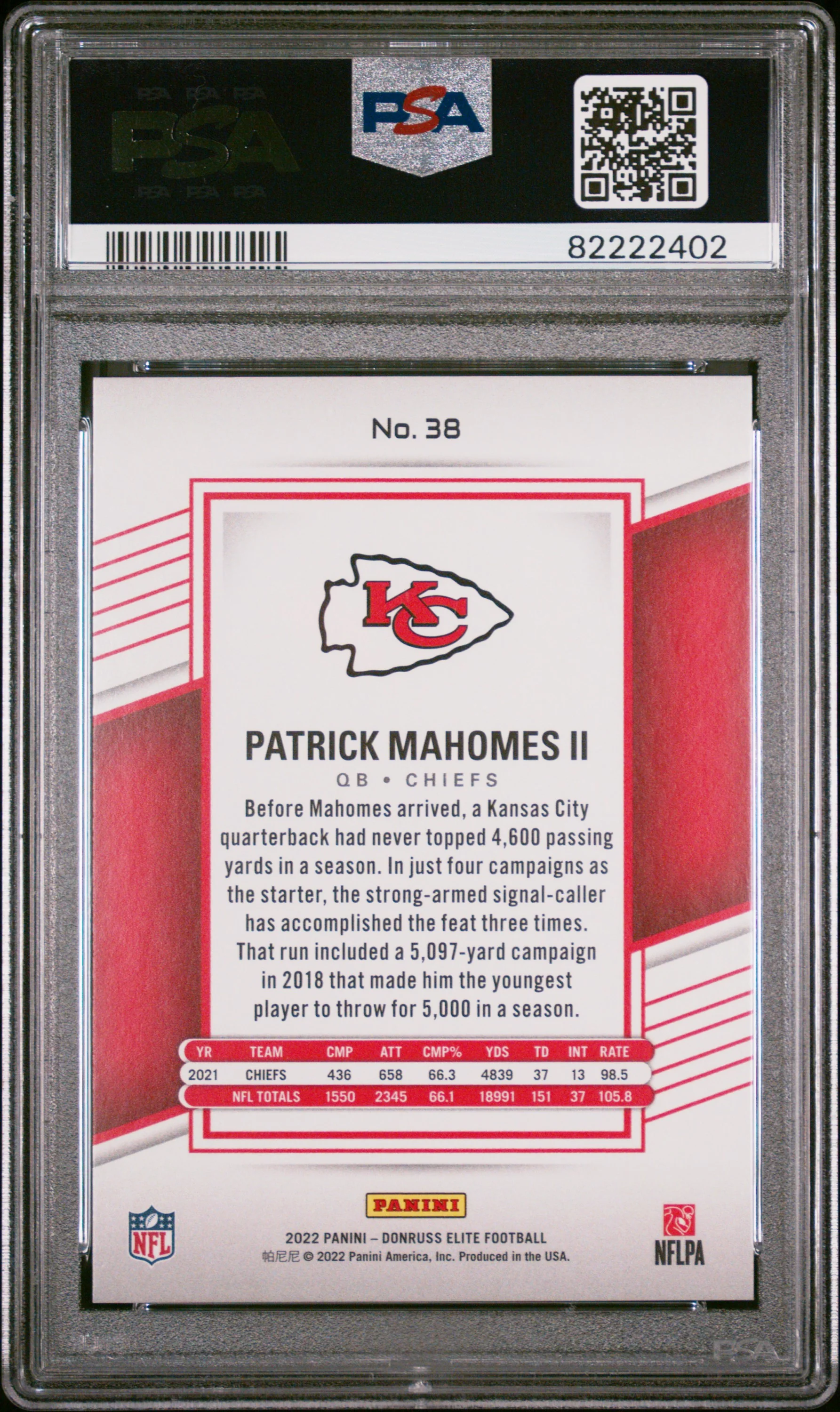 PATRICK MAHOMES II | 2022 PANINI DONRUSS ELITE 38 | ASPIRATIONS STARS | PSA GEM MT 10 - Image 2