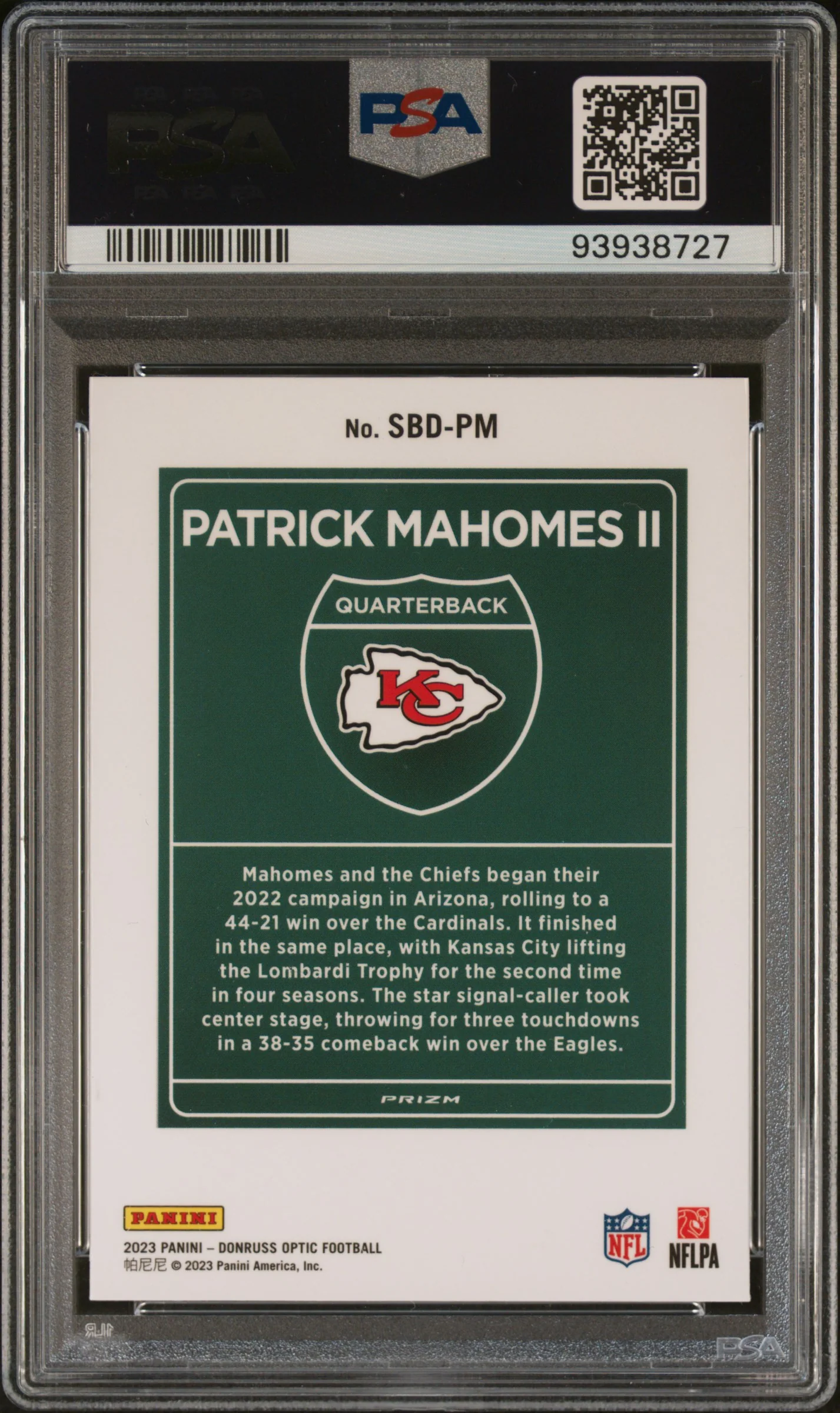 PATRICK MAHOMES II | 2023 PANINI DONRUSS OPTIC SUPER BOWL DOWNTOWN SBDPM | PSA GEM MT 10 - Image 2