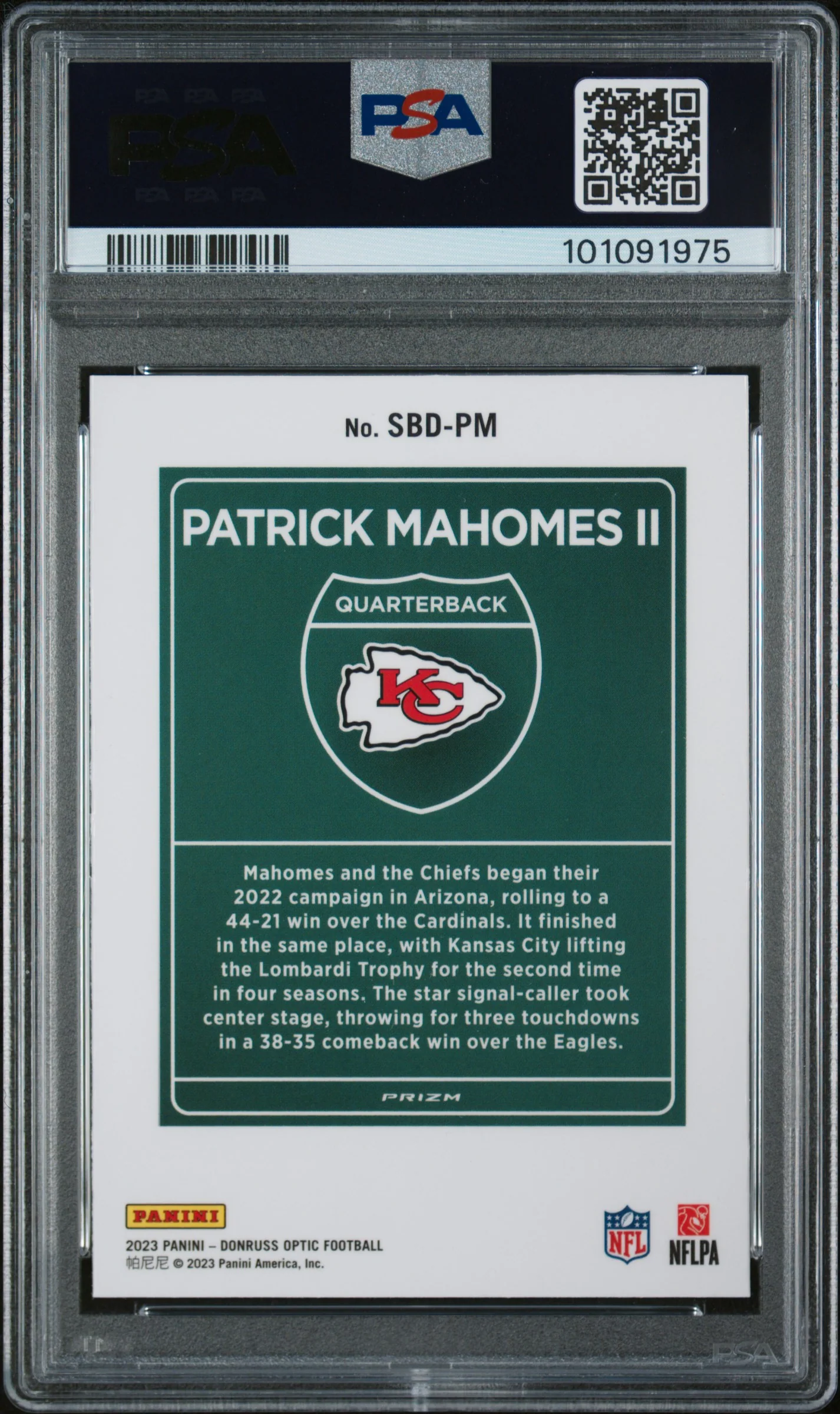 PATRICK MAHOMES II | 2023 PANINI DONRUSS OPTIC SUPER BOWL DOWNTOWN SBDPM | PSA MINT 9 - Image 2