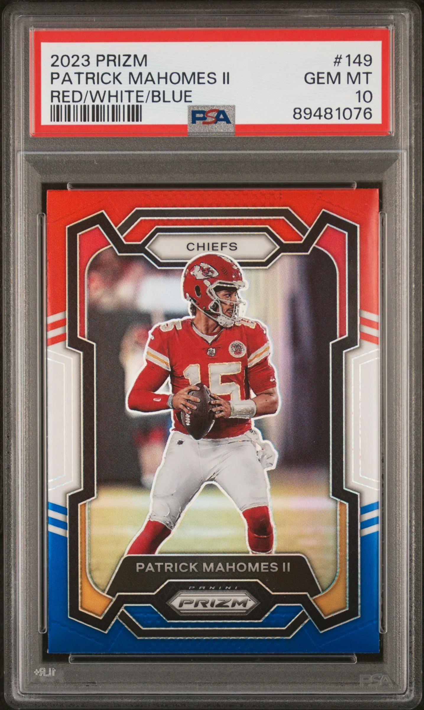 PATRICK MAHOMES II | 2023 PANINI PRIZM 149 | RED/WHITE/BLUE PRIZM | PSA GEM MT 10