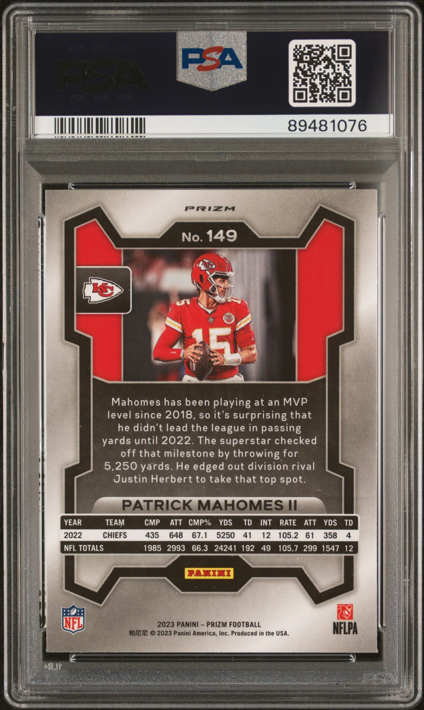 PATRICK MAHOMES II | 2023 PANINI PRIZM 149 | RED/WHITE/BLUE PRIZM | PSA GEM MT 10 - Image 2