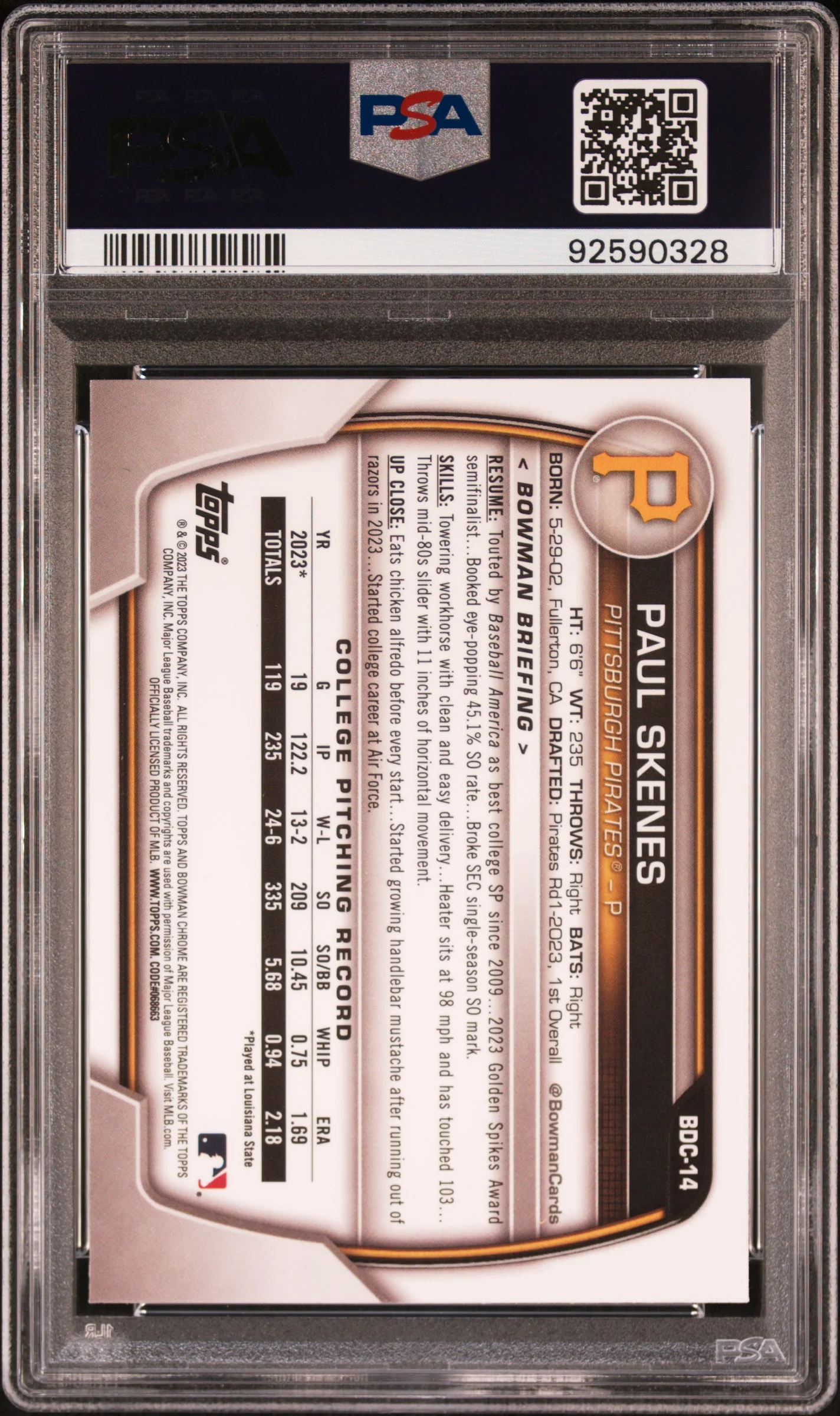 PAUL SKENES | 2023 BOWMAN DRAFT BDC14 | CHROME | PSA GEM MT 10 - Image 2