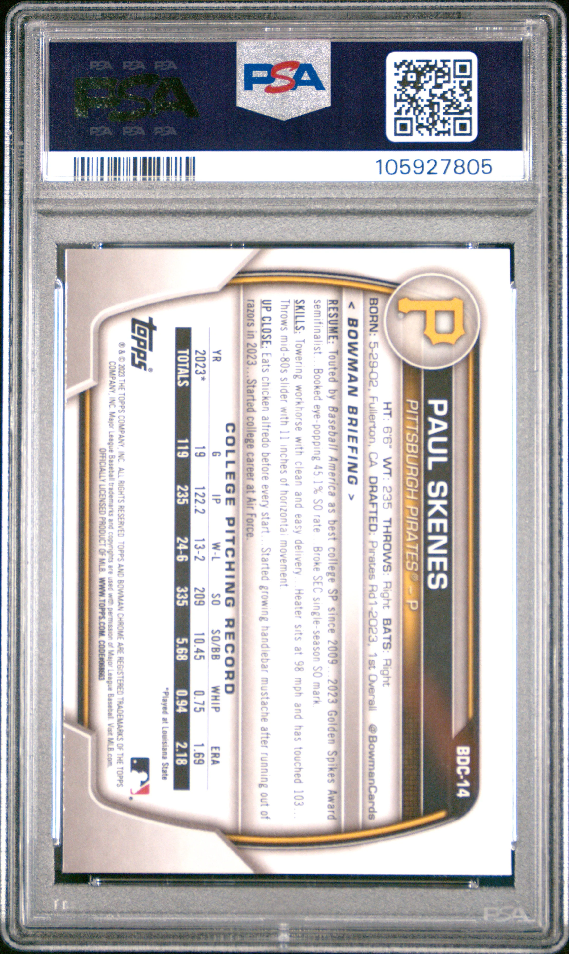 PAUL SKENES | 2023 BOWMAN DRAFT SAPPHIRE EDITION BDC14 | PSA GEM MT 10 - Image 2