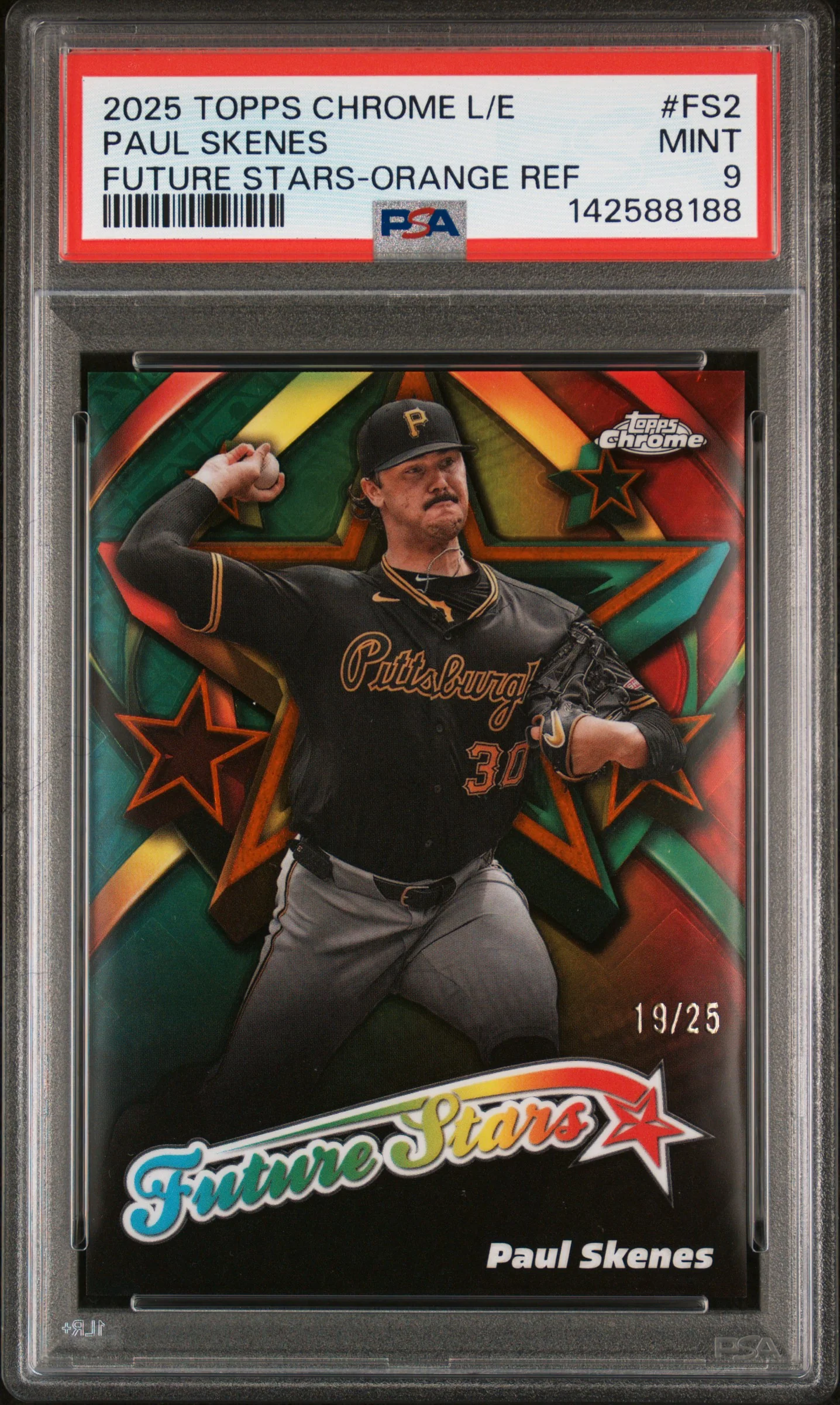 PAUL SKENES | 2025 TOPPS CHROME LOGOFRACTOR EDITION FUTURE STARS FS2 | FUTURE STARS-ORANGE REF | PSA MINT 9