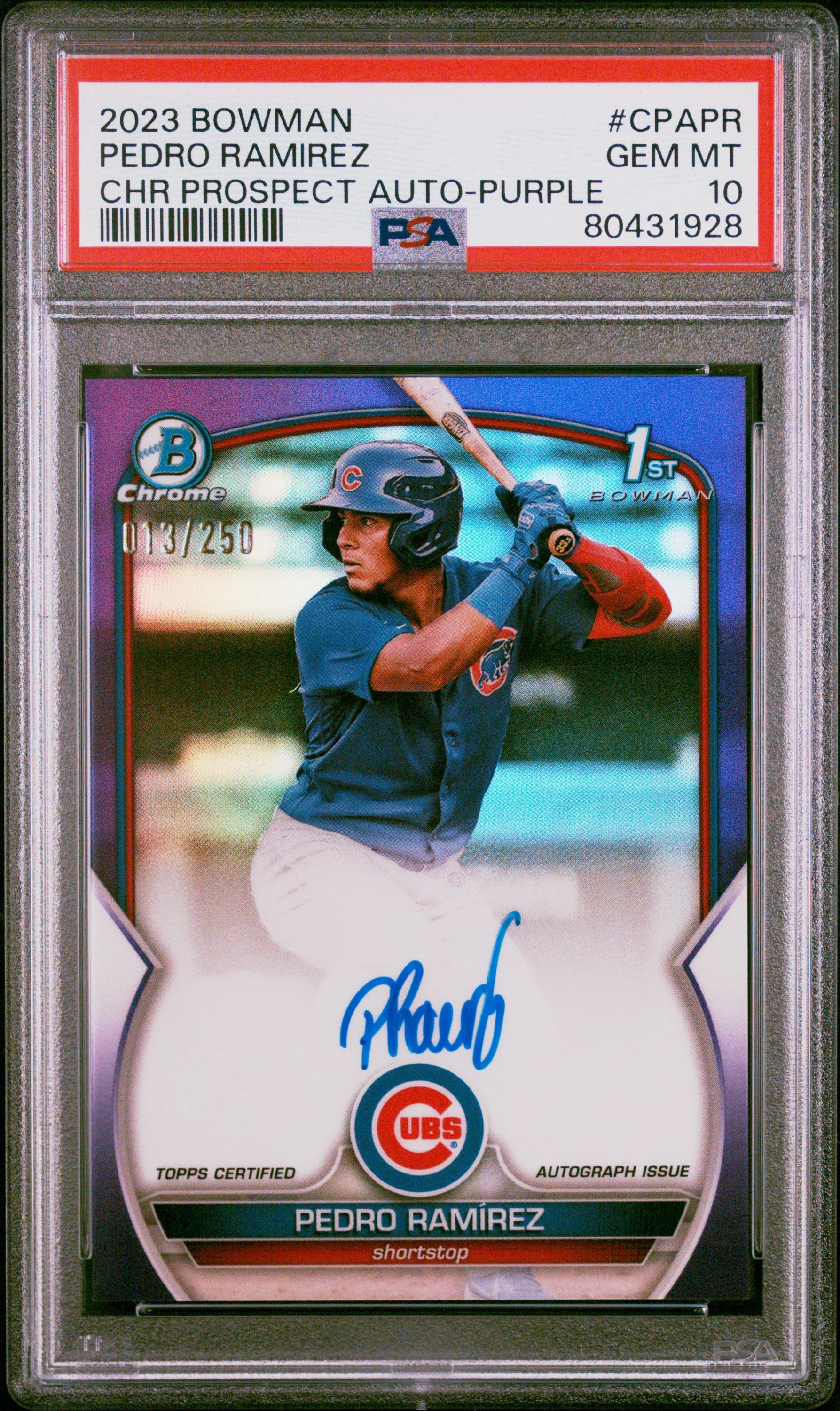 PEDRO RAMIREZ | 2023 BOWMAN CHROME PROSPECT AUTOGRAPHS CPAPR | CHR PROSPECT AU-PURPLE REF | PSA GEM MT 10