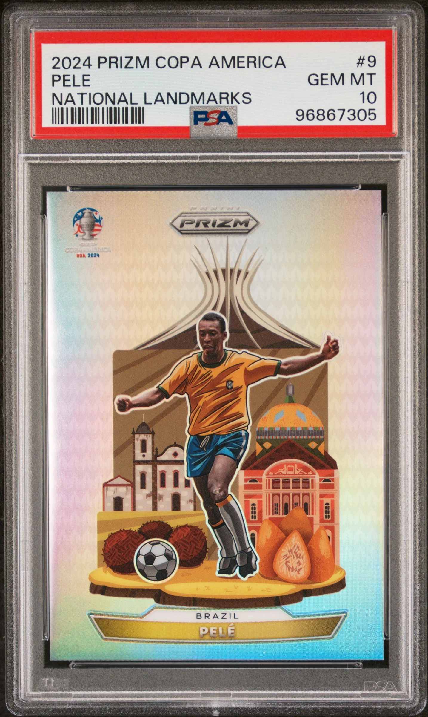 PELE | 2024 PANINI PRIZM CONMEBOL COPA AMERICA NATIONAL LANDMARKS 9 | PSA GEM MT 10