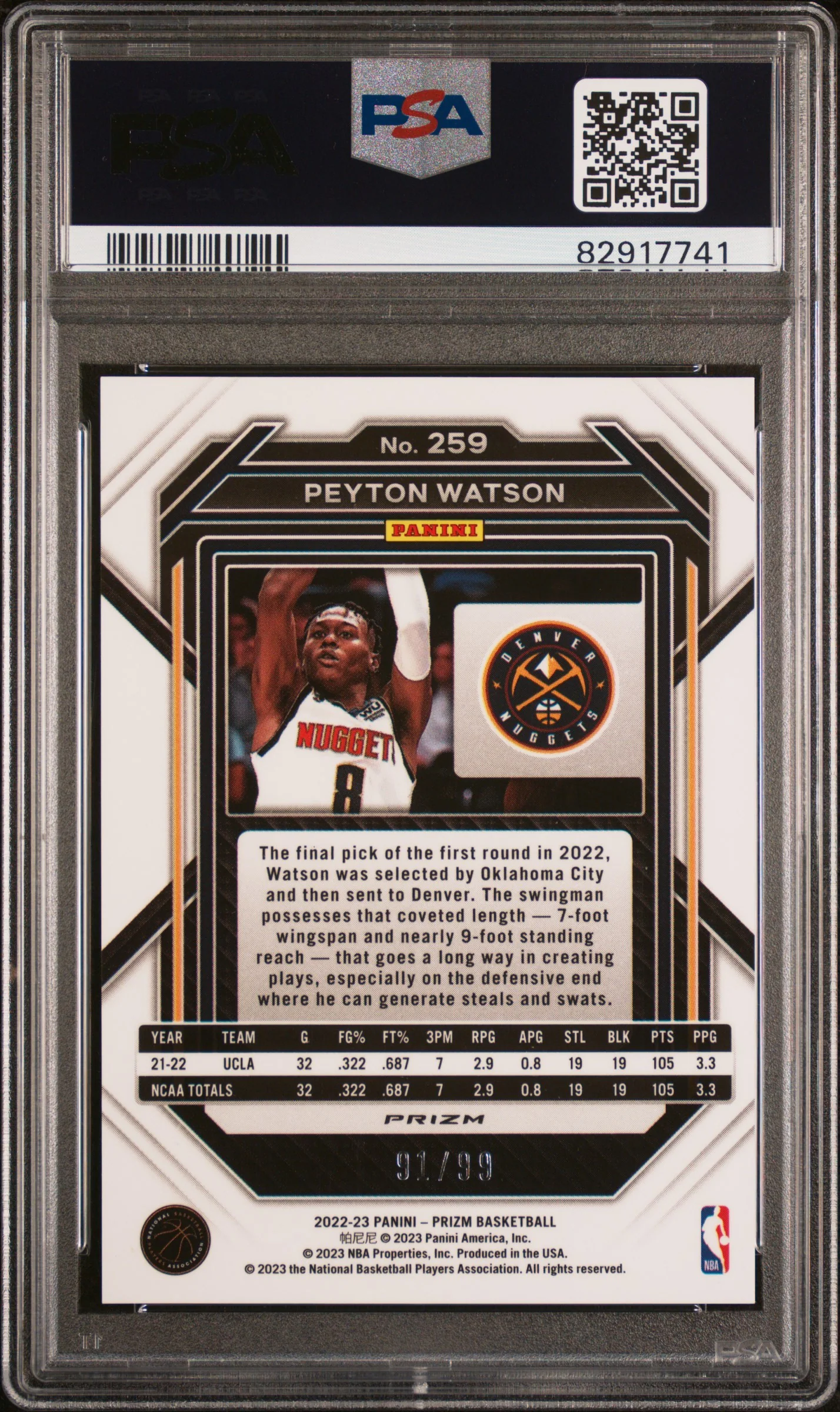 PEYTON WATSON | 2022 PANINI PRIZM 259 | PURPLE PRIZM | PSA GEM MT 10 - Image 2