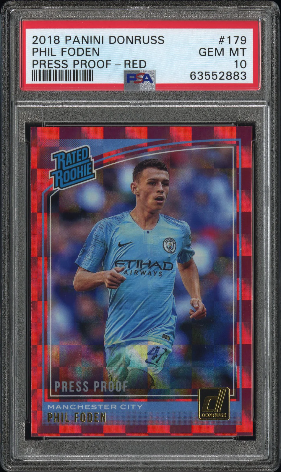 PHIL FODEN | 2018 PANINI DONRUSS 179 | PRESS PROOF-RED | PSA GEM MT 10